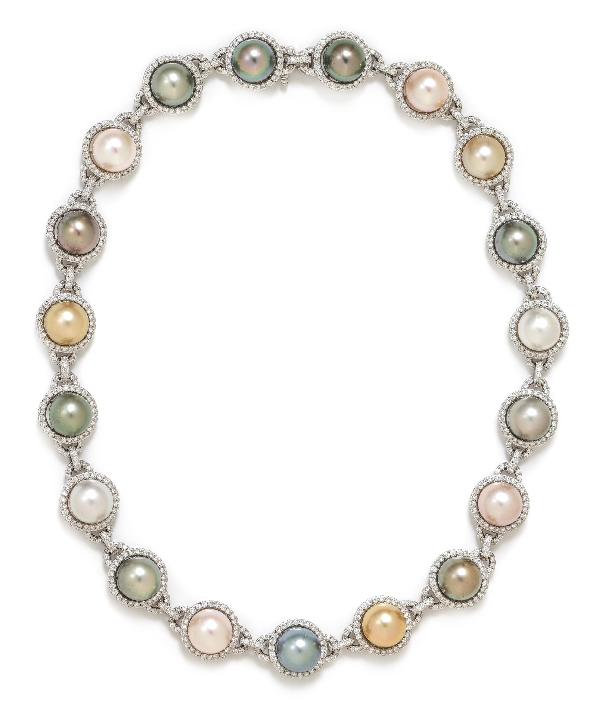An 18 Karat White Gold, Cultured South Sea Pearl, Tahitian Pearl and Diamond Necklace, 55.95 dwts.