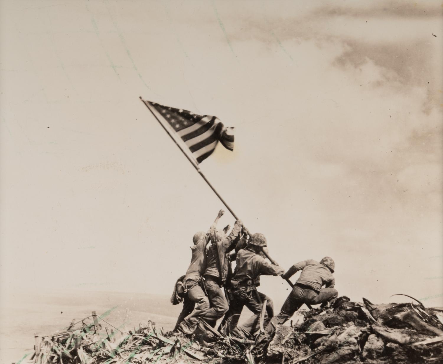 ROSENTHAL, Joe (1911-2006). Flag Raising on Mt. Suribachi, Iwo Jima. -- Aerial View of a Pacific Island. -- The 28th Regiment Atop Mt. Suribachi. -- Four Marines with Flag, Mr. Suribachi. 1945.
