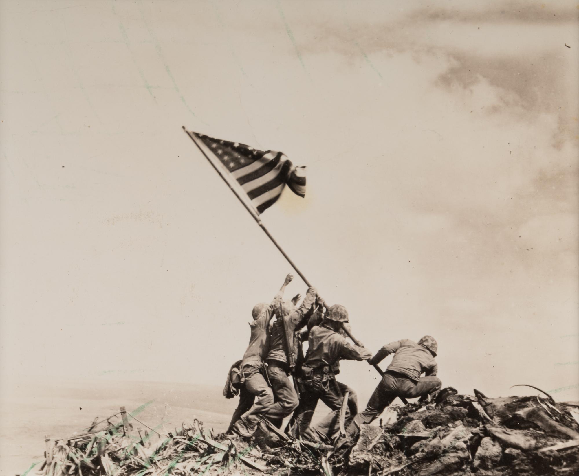 ROSENTHAL, Joe (1911-2006). Flag Raising on Mt. Suribachi, Iwo Jima. -- Aerial View of a Pacific Island. -- The 28th Regiment Atop Mt. Suribachi. -- Four Marines with Flag, Mr. Suribachi. 1945.