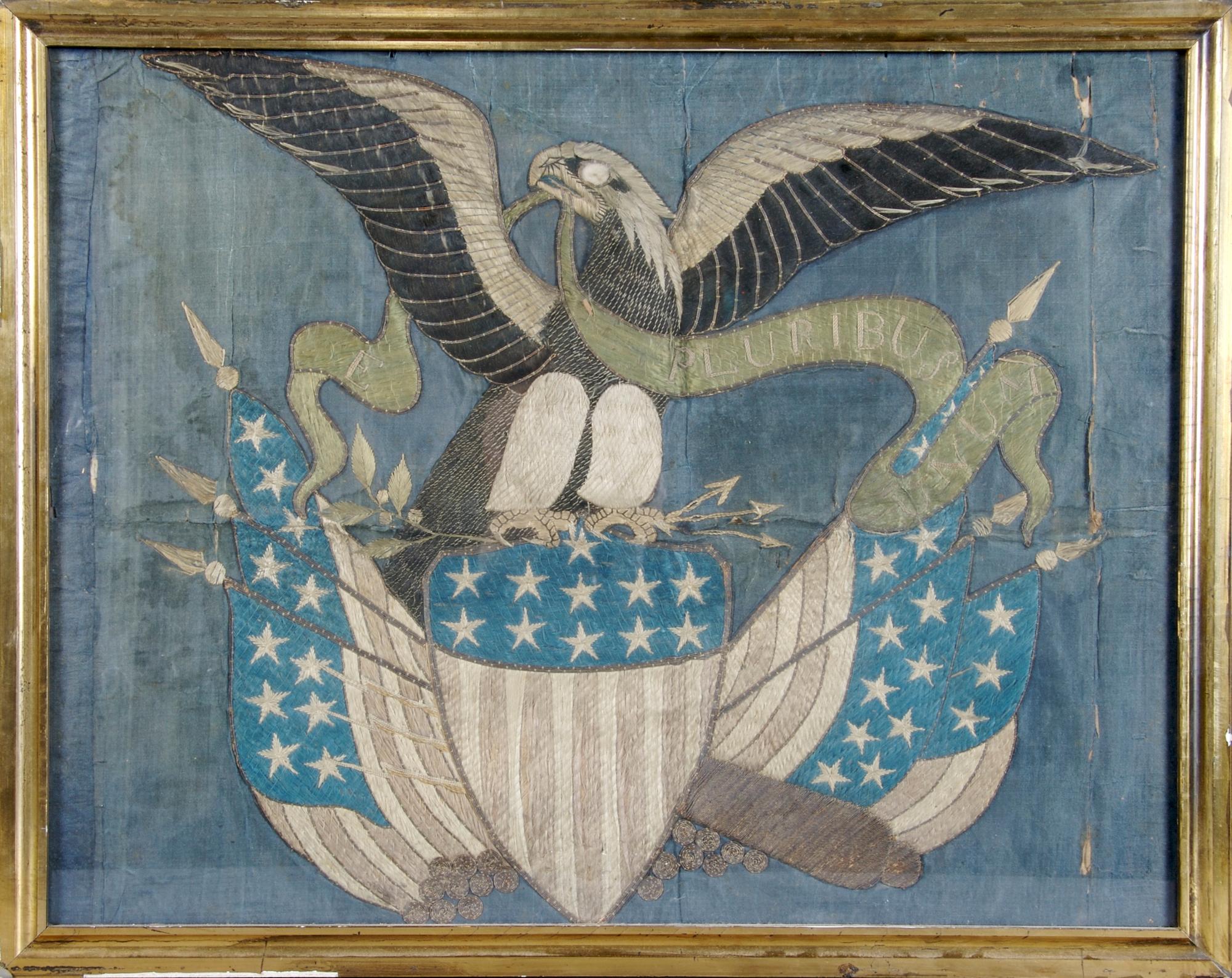 An American Silk Embroidered Banner, Height 17 1/4 x width 22 1/2 inches.