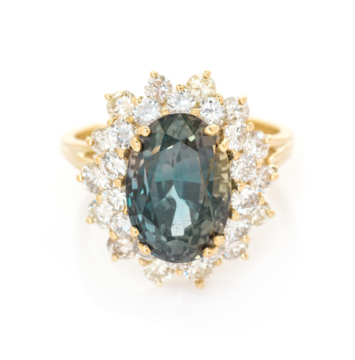 A 14 Karat Yellow Gold, Color Change Sapphire and Diamond Ring, 3.20 dwts.