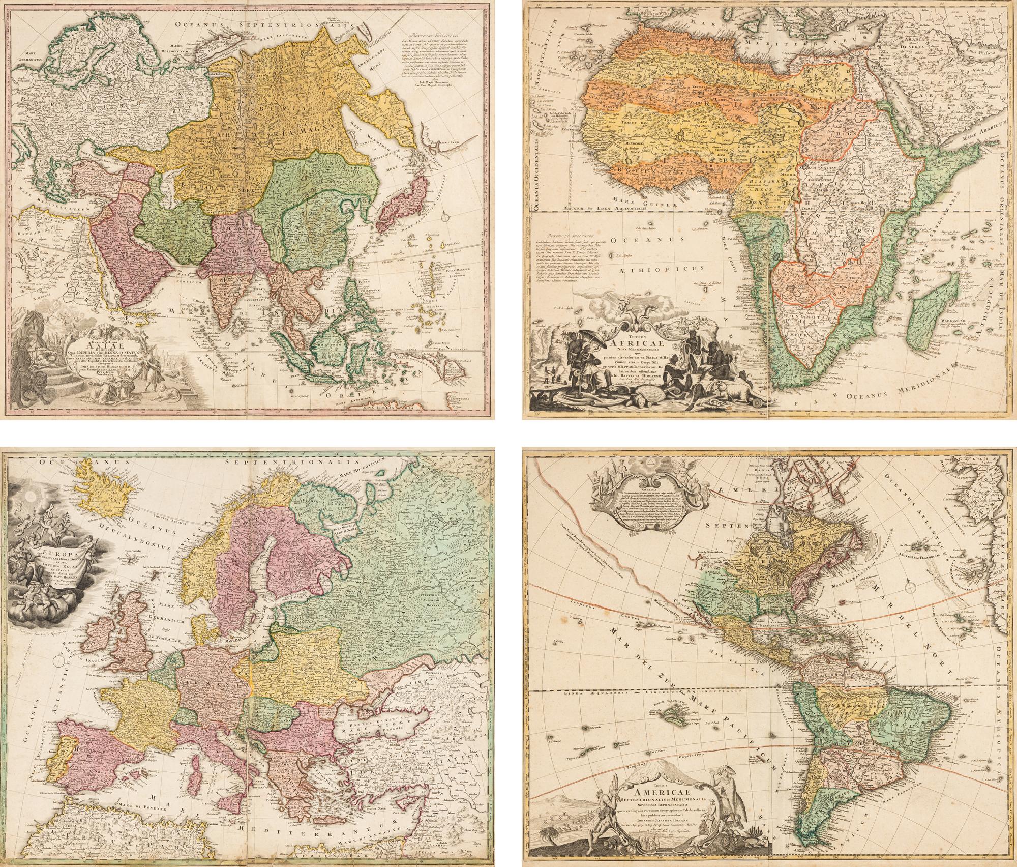 [MAPS]. HOMANN, Johann Baptist (1663-1724). Four engraved continent maps with hand-coloring, each matted and framed, comprising: