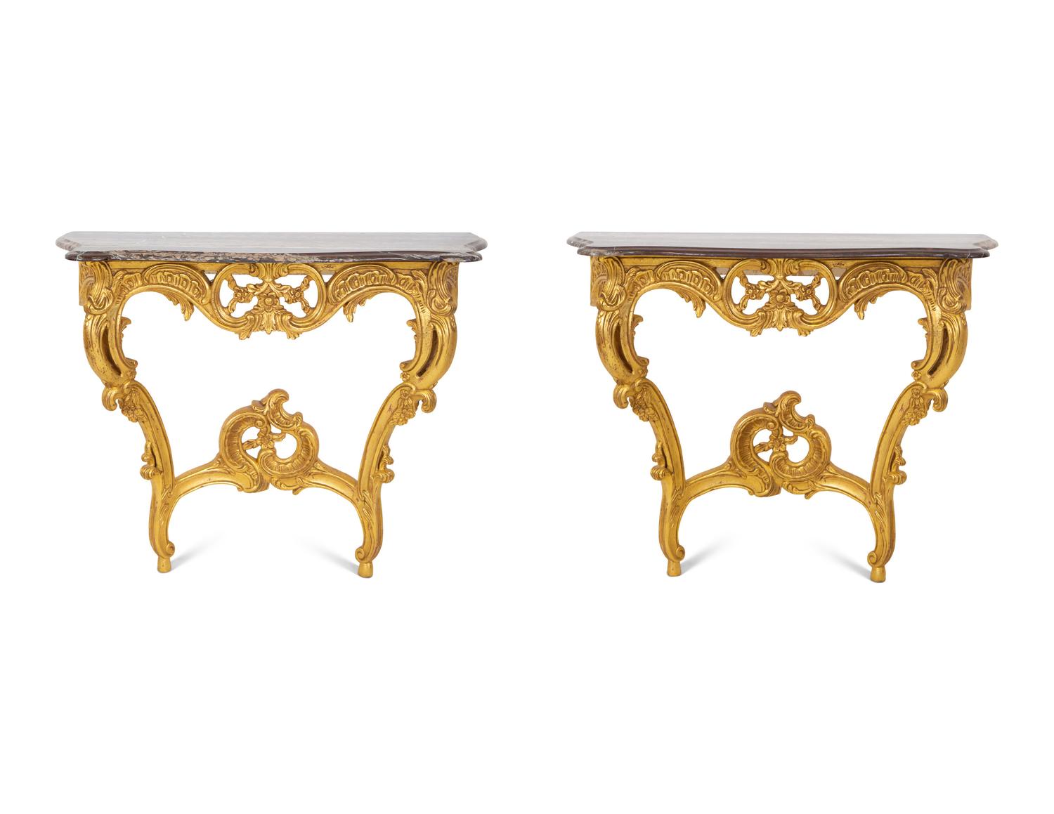 A Pair of Louis XV Style Giltwood Marble-Top Console Tables