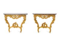 A Pair of Louis XV Style Giltwood Marble-Top Console Tables
