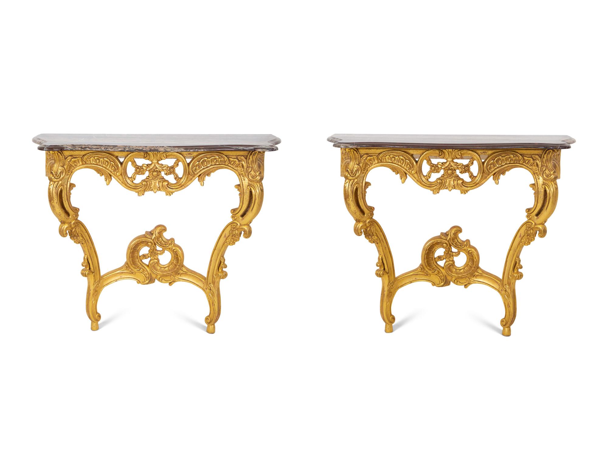 A Pair of Louis XV Style Giltwood Marble-Top Console Tables