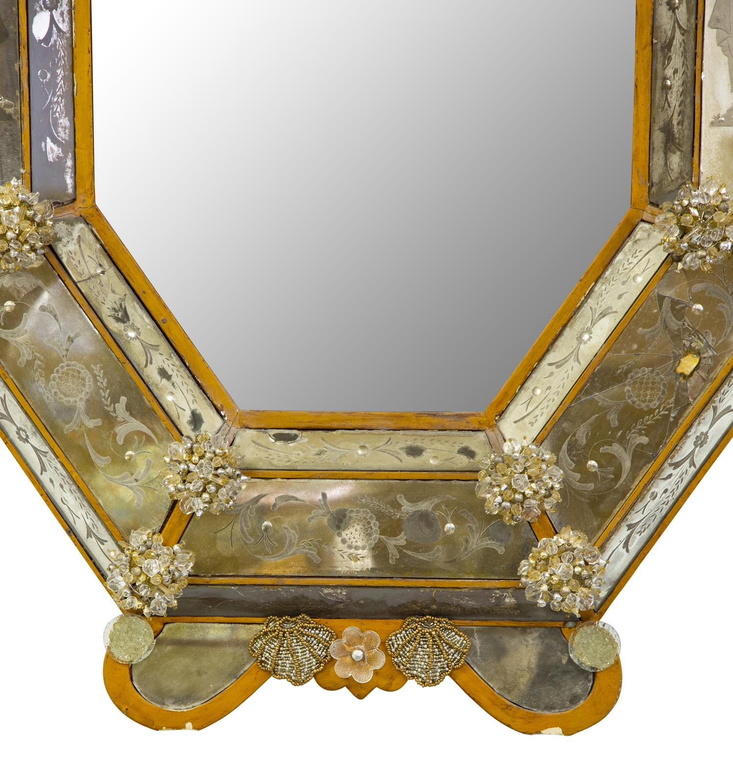 A Venetian Etched Glass Mirror with Beaded Embellishments