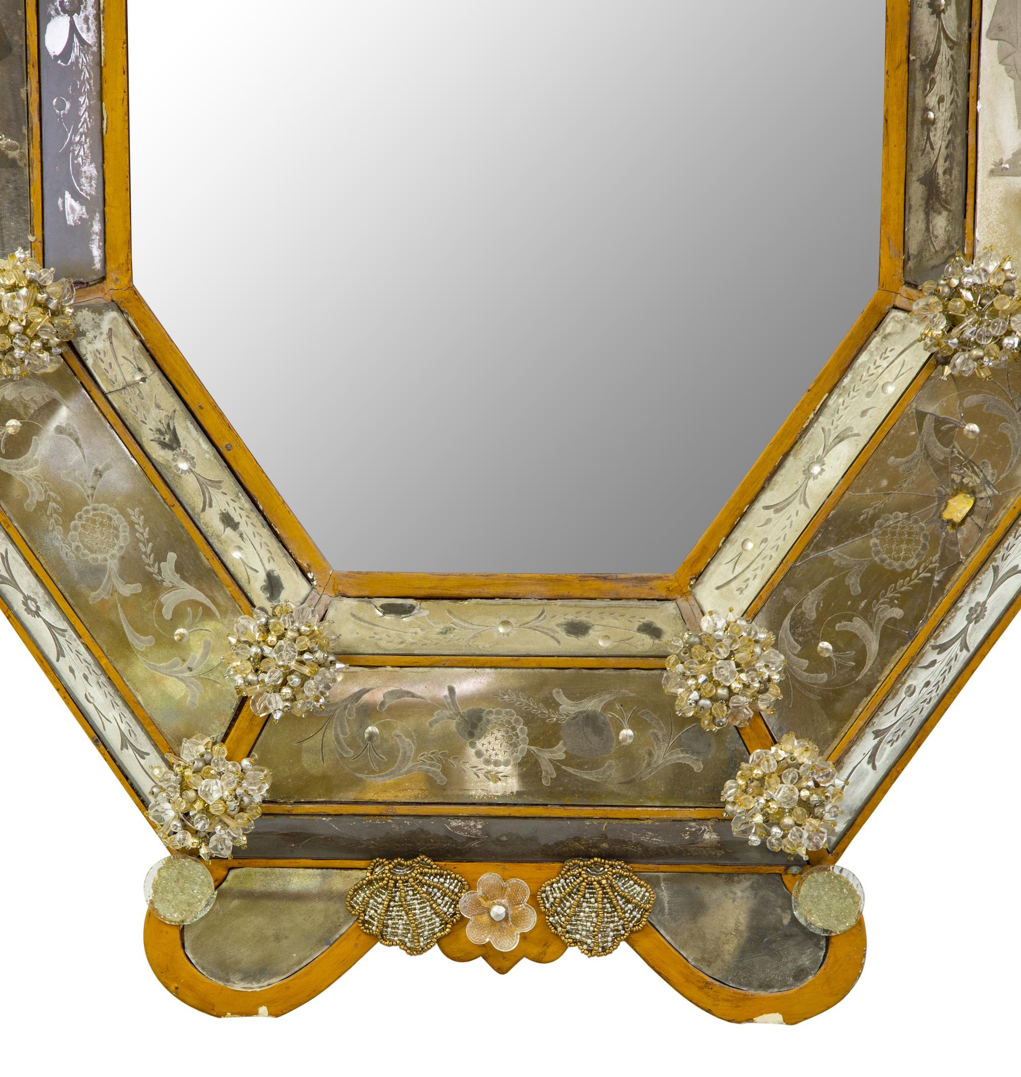 A Venetian Etched Glass Mirror with Beaded Embellishments