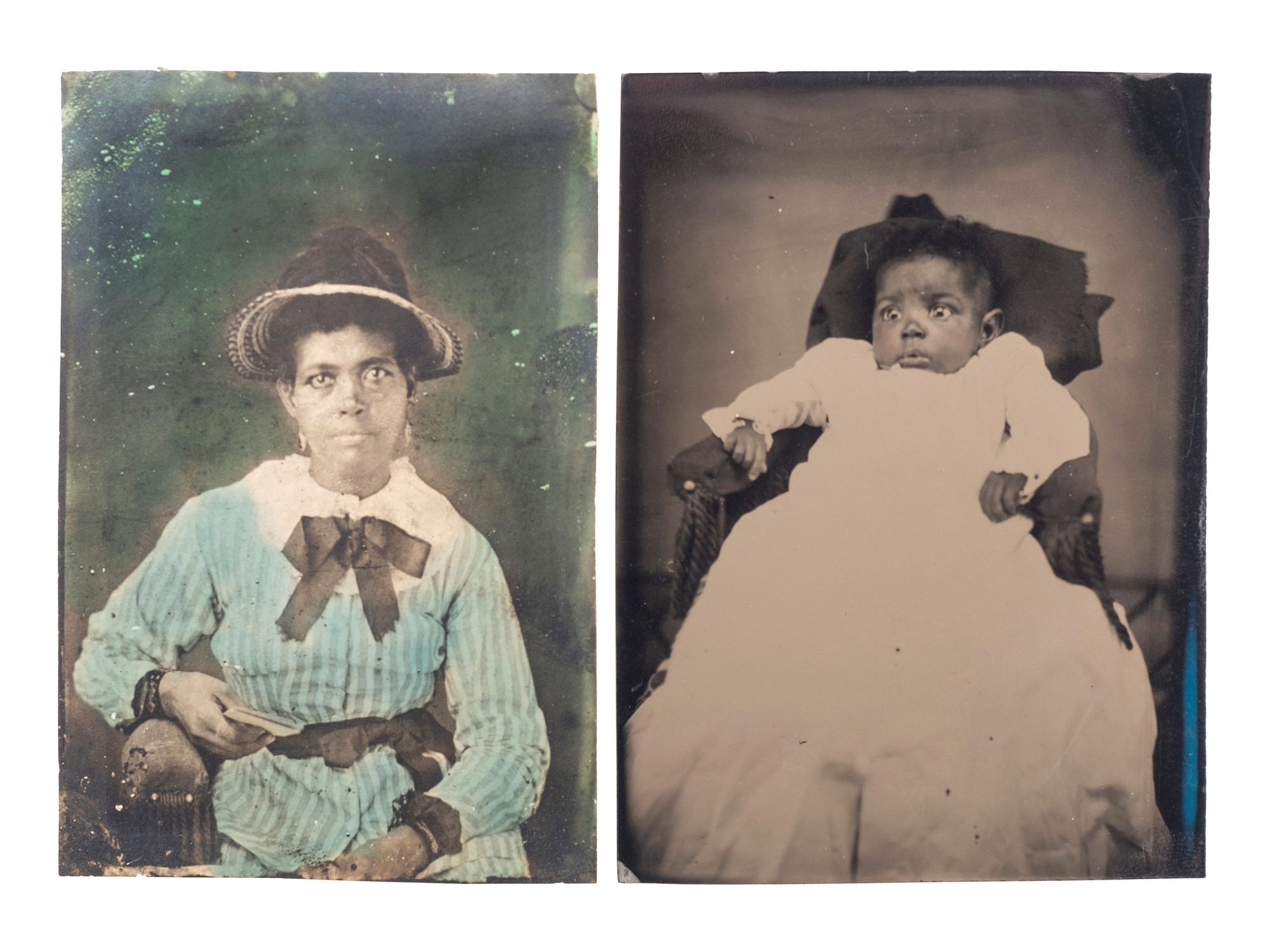 [EARLY PHOTOGRAPHY]. A pair of tintypes of African American subjects, including startled baby, plus: