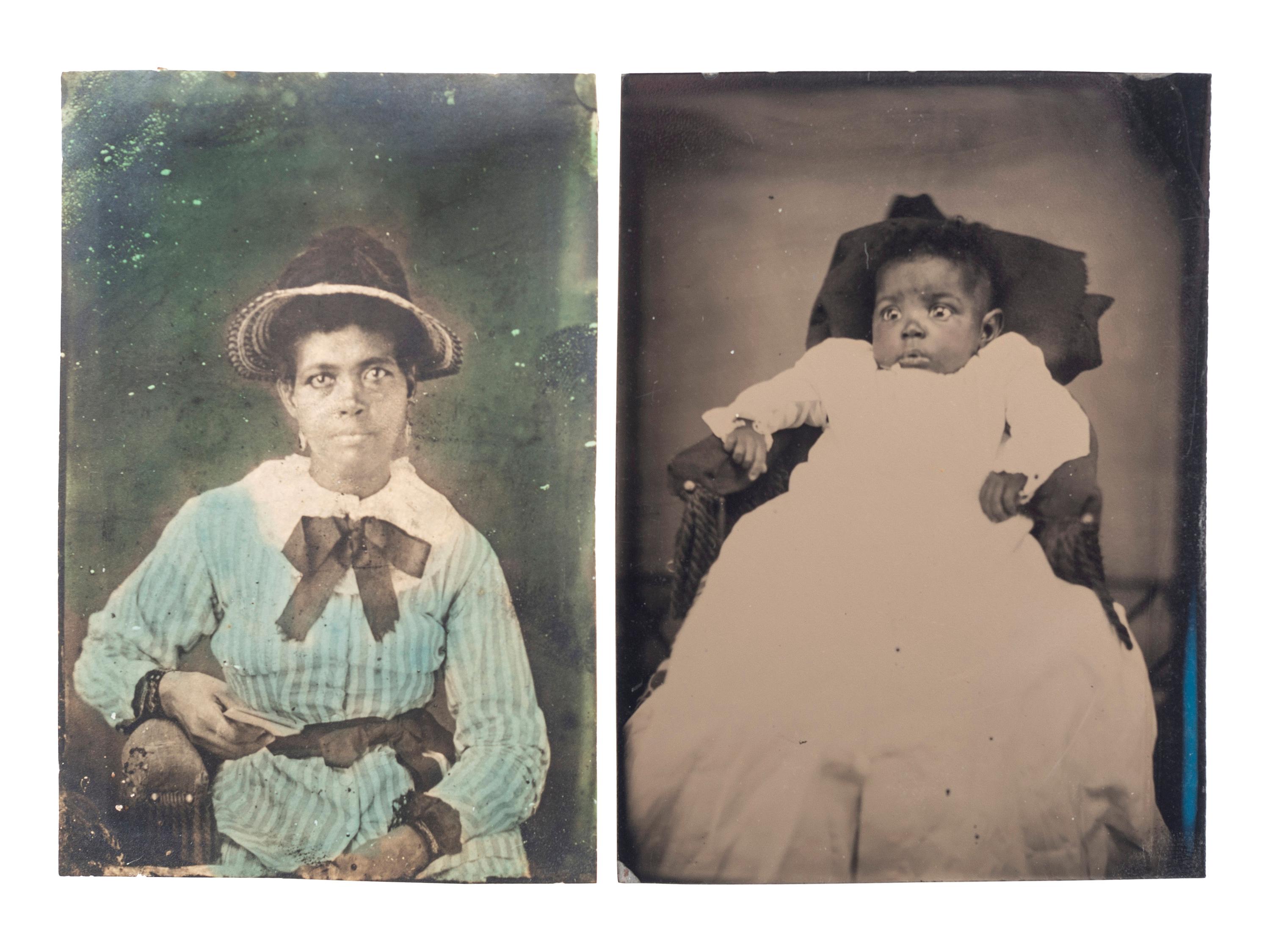 [EARLY PHOTOGRAPHY]. A pair of tintypes of African American subjects, including startled baby, plus: