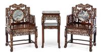A Set of Three Chinese Export Mother-of-Pearl Inlaid and Mable Inset Hongmu Furniture Height of chair 39 1/2 inches. — EARLY 20TH CENTURY