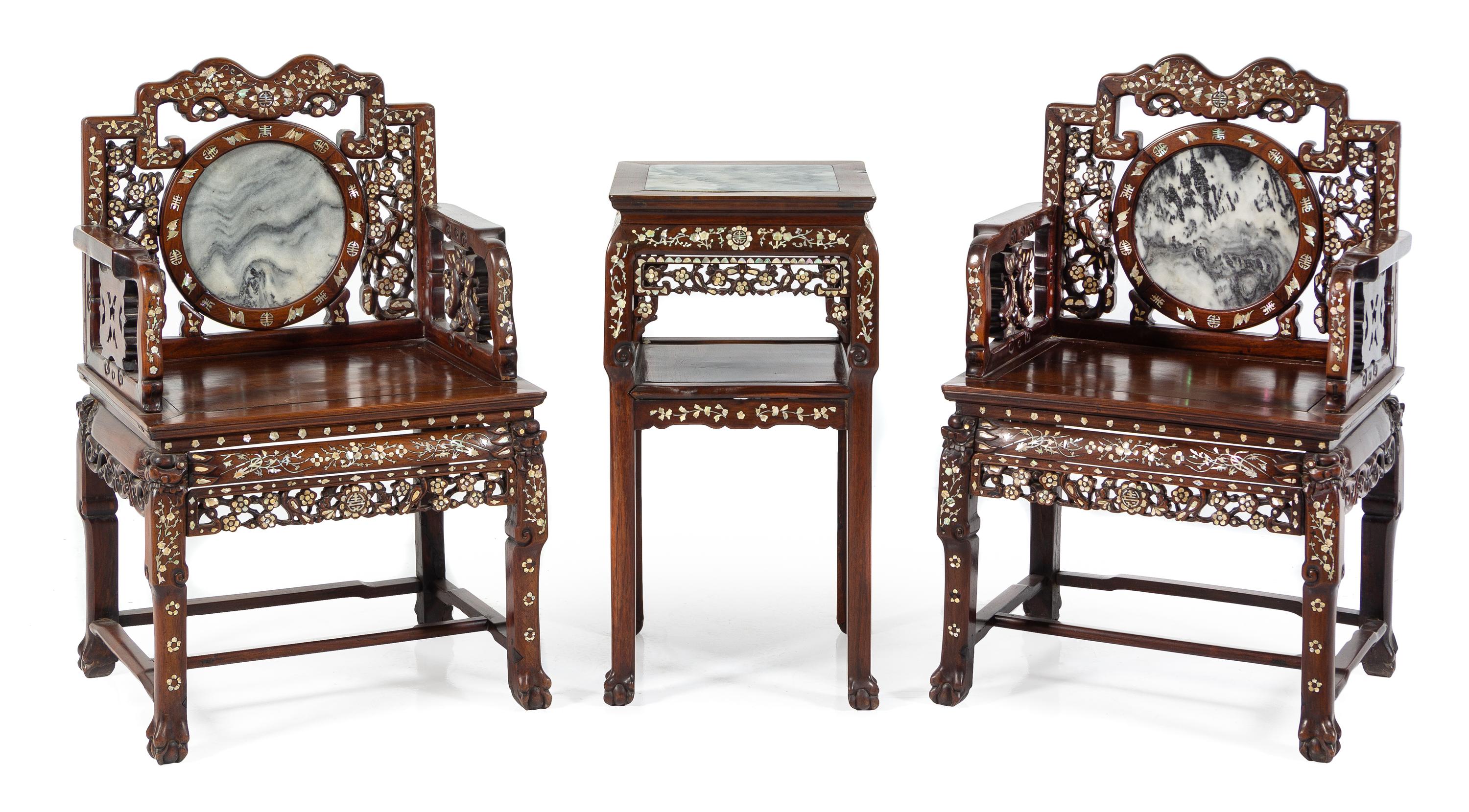 A Set of Three Chinese Export Mother-of-Pearl Inlaid and Mable Inset Hongmu Furniture Height of chair 39 1/2 inches. — EARLY 20TH CENTURY