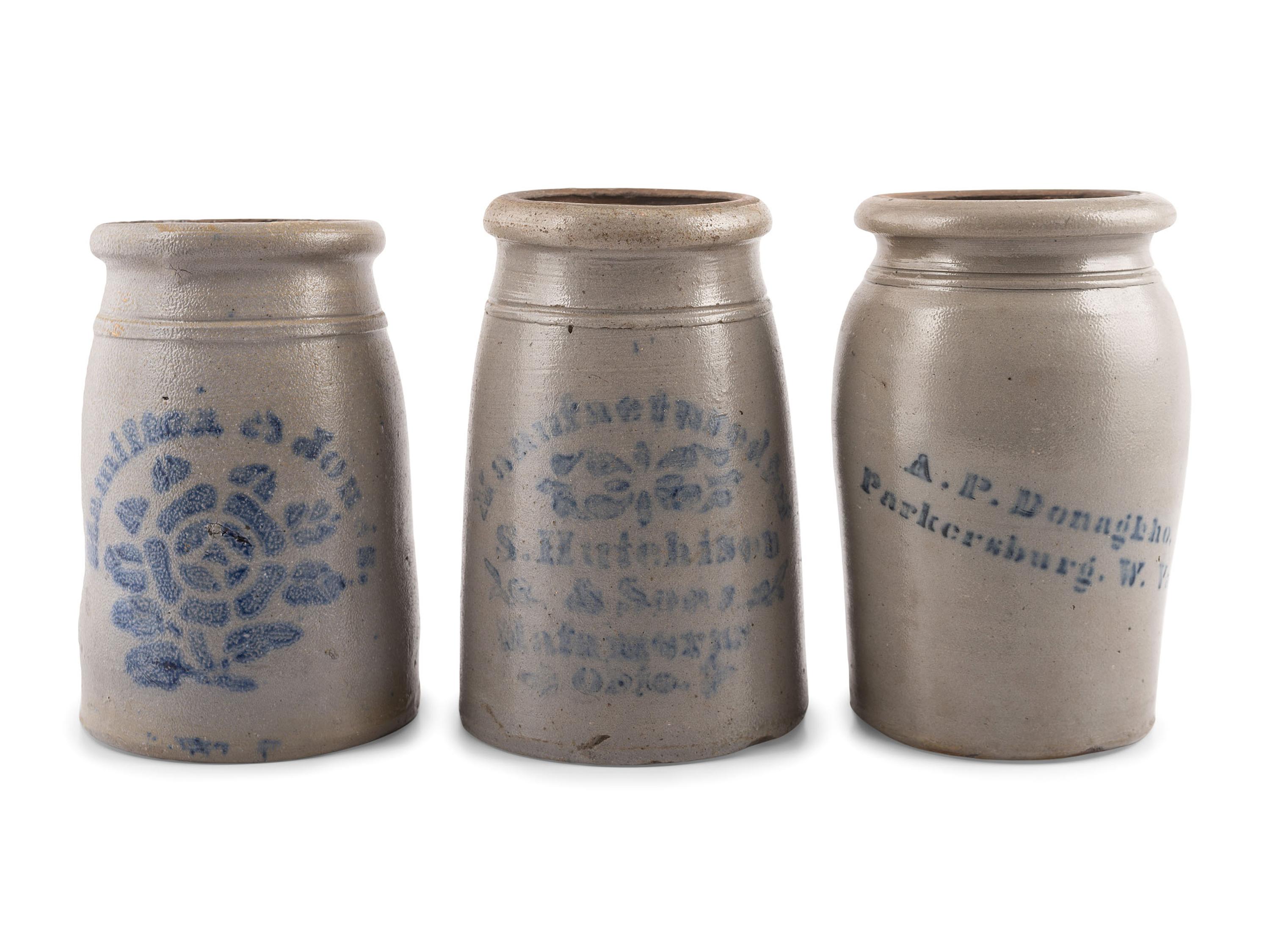 Three Cobalt-Decorated Stoneware Canning Jars