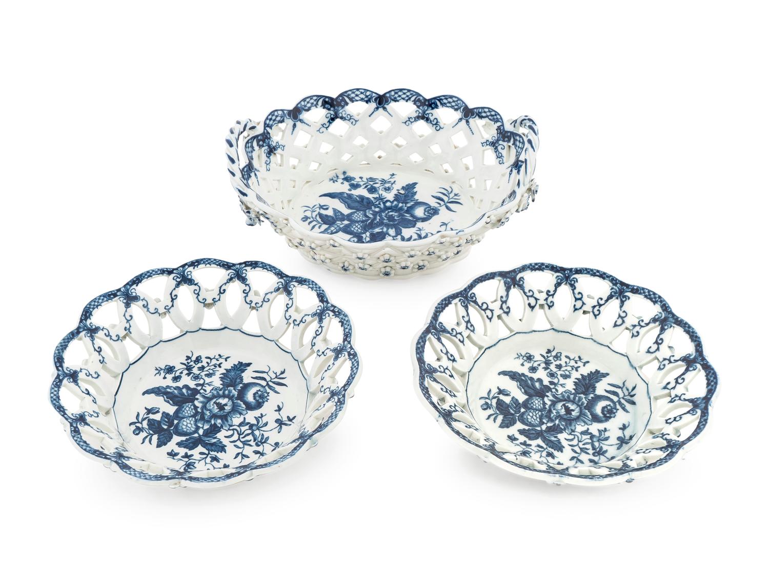 A Worcester Blue and White Porcelain Basket and a Pair of Matching Bowls — C. 1770