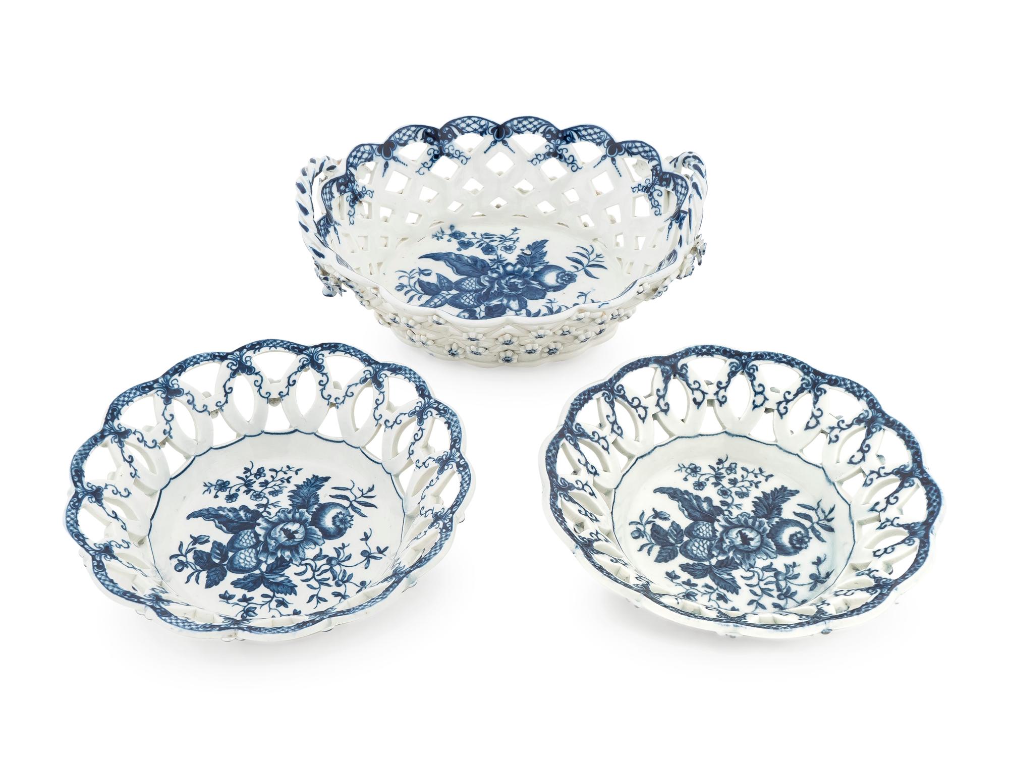 A Worcester Blue and White Porcelain Basket and a Pair of Matching Bowls — C. 1770