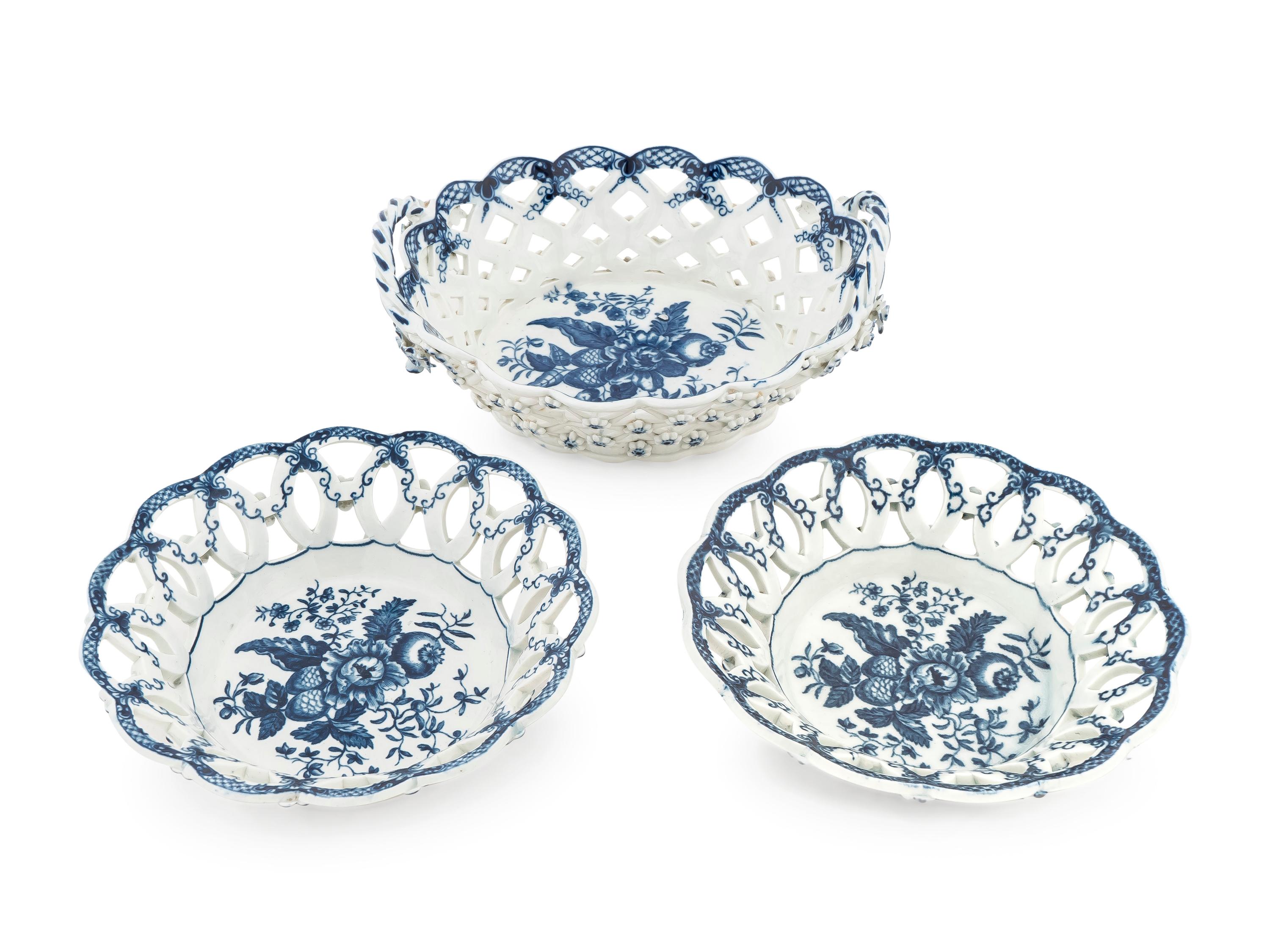 A Worcester Blue and White Porcelain Basket and a Pair of Matching Bowls — C. 1770