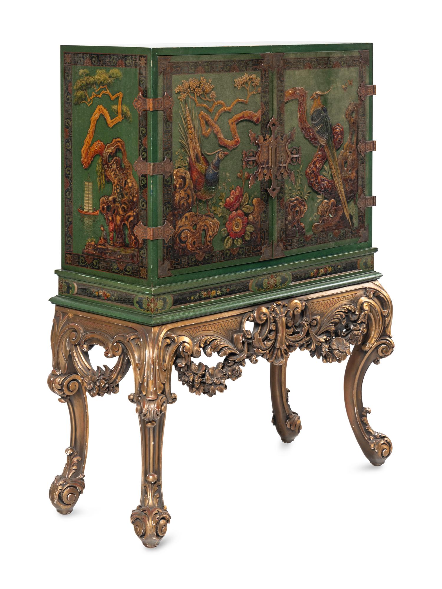 A George I Style Green-Japanned Cabinet on a Giltwood Stand