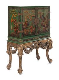 A George I Style Green-Japanned Cabinet on a Giltwood Stand