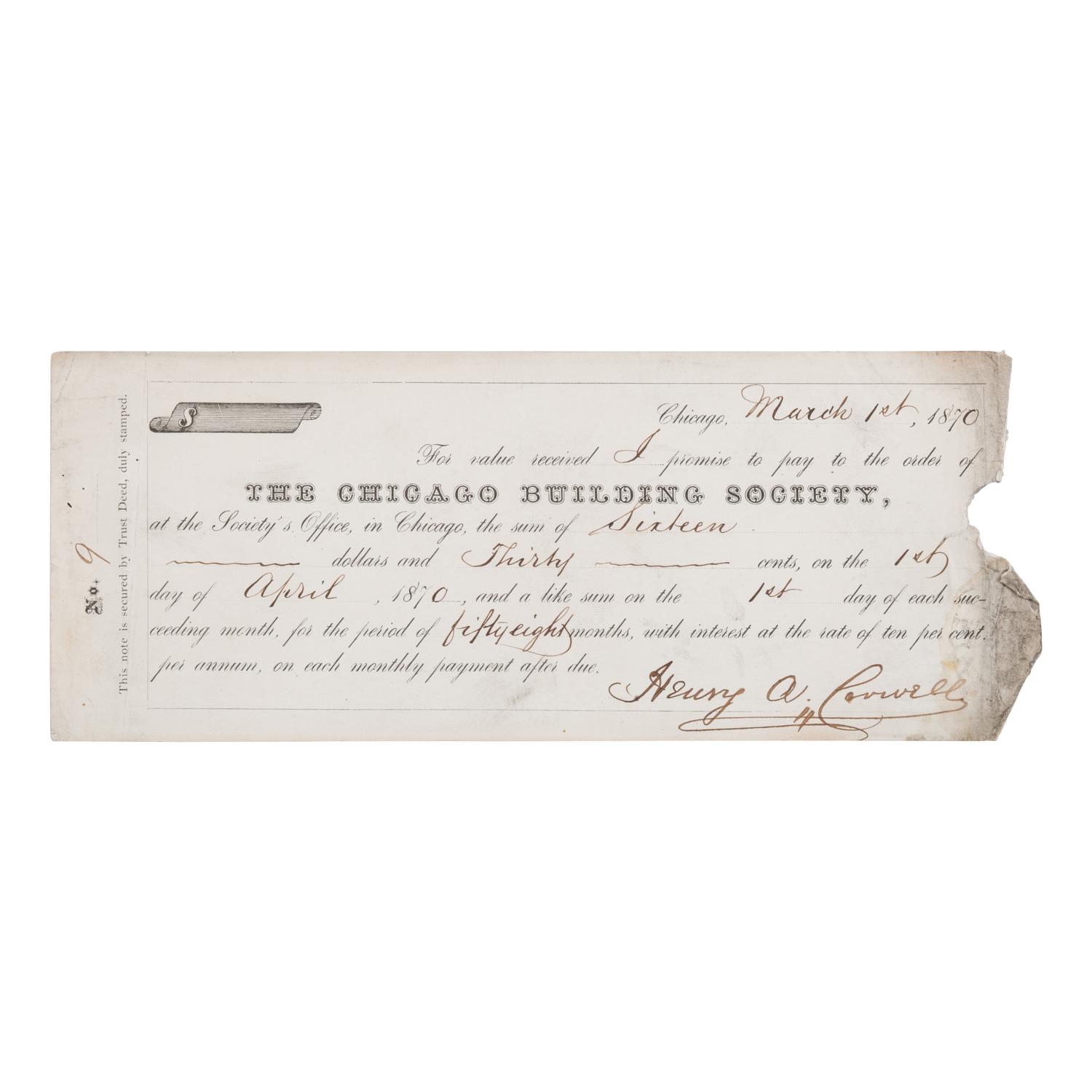 [Chicago Fire]. A large archive of letters, documents, tokens, and ephemera related to the Great Fire.
