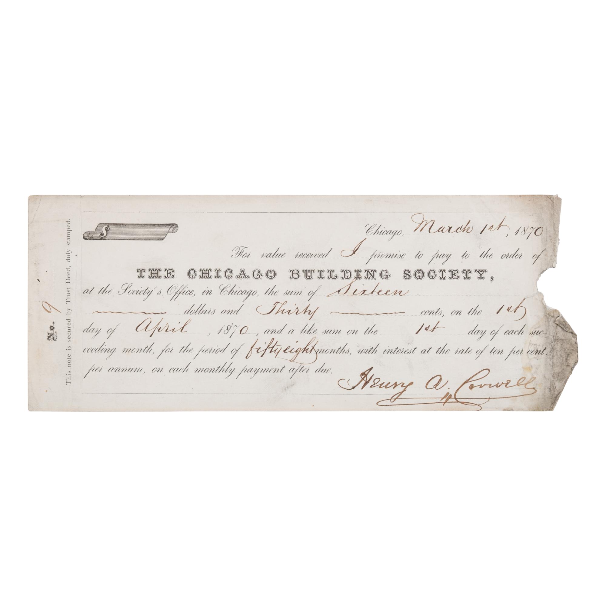 [Chicago Fire]. A large archive of letters, documents, tokens, and ephemera related to the Great Fire.