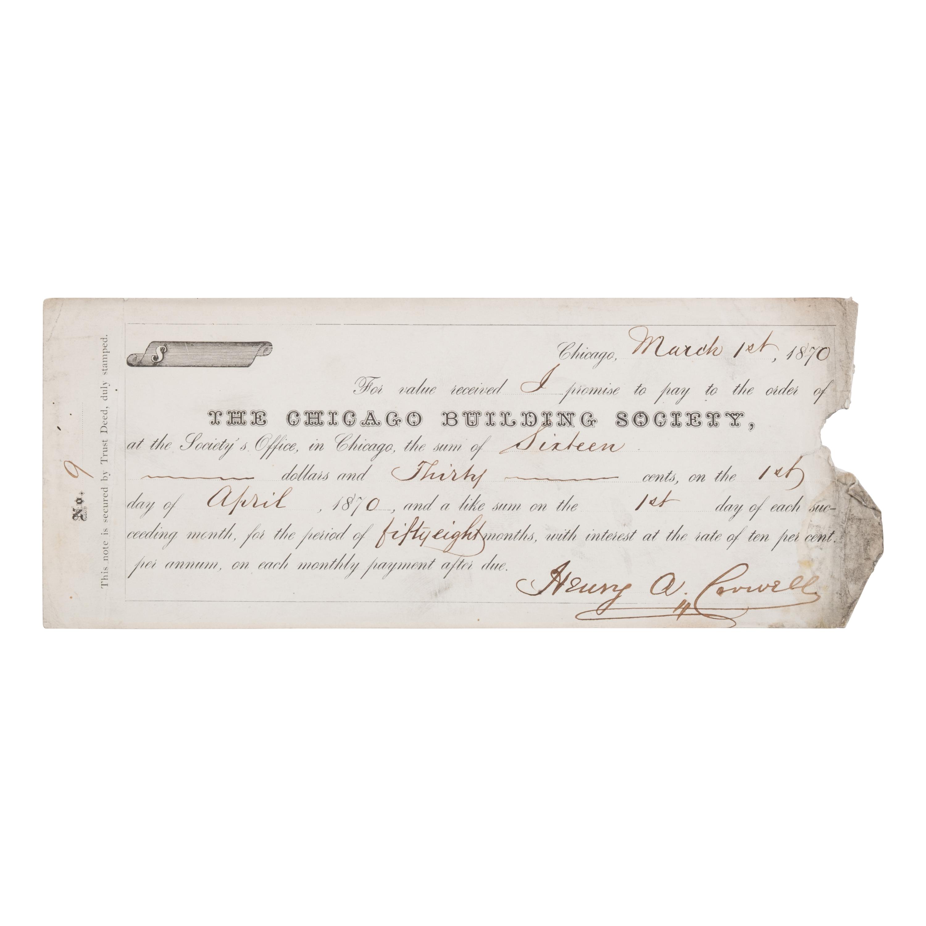 [Chicago Fire]. A large archive of letters, documents, tokens, and ephemera related to the Great Fire.