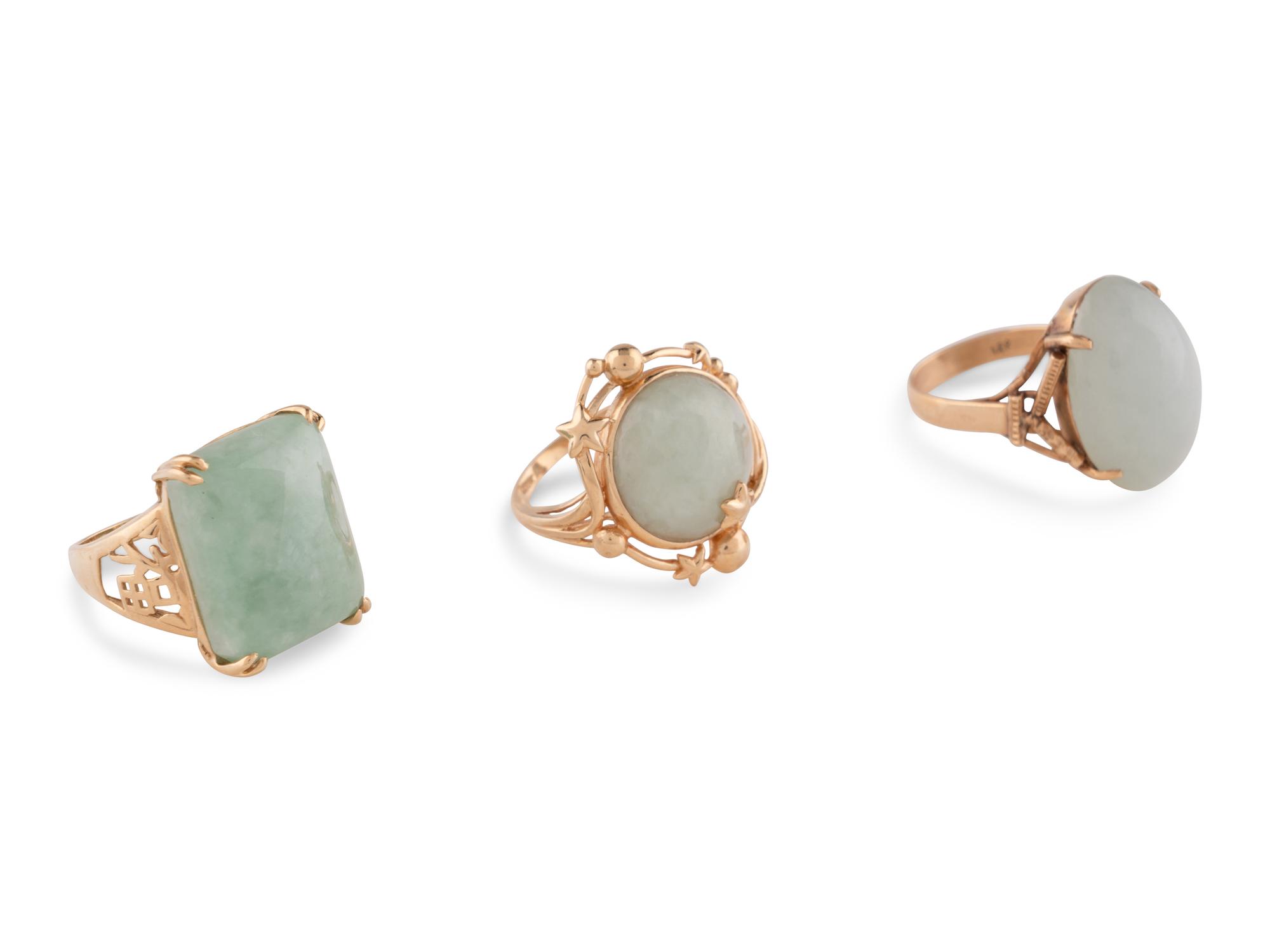 Seven Chinese 14K Yellow Gold Mounted Jadeite Jewelry