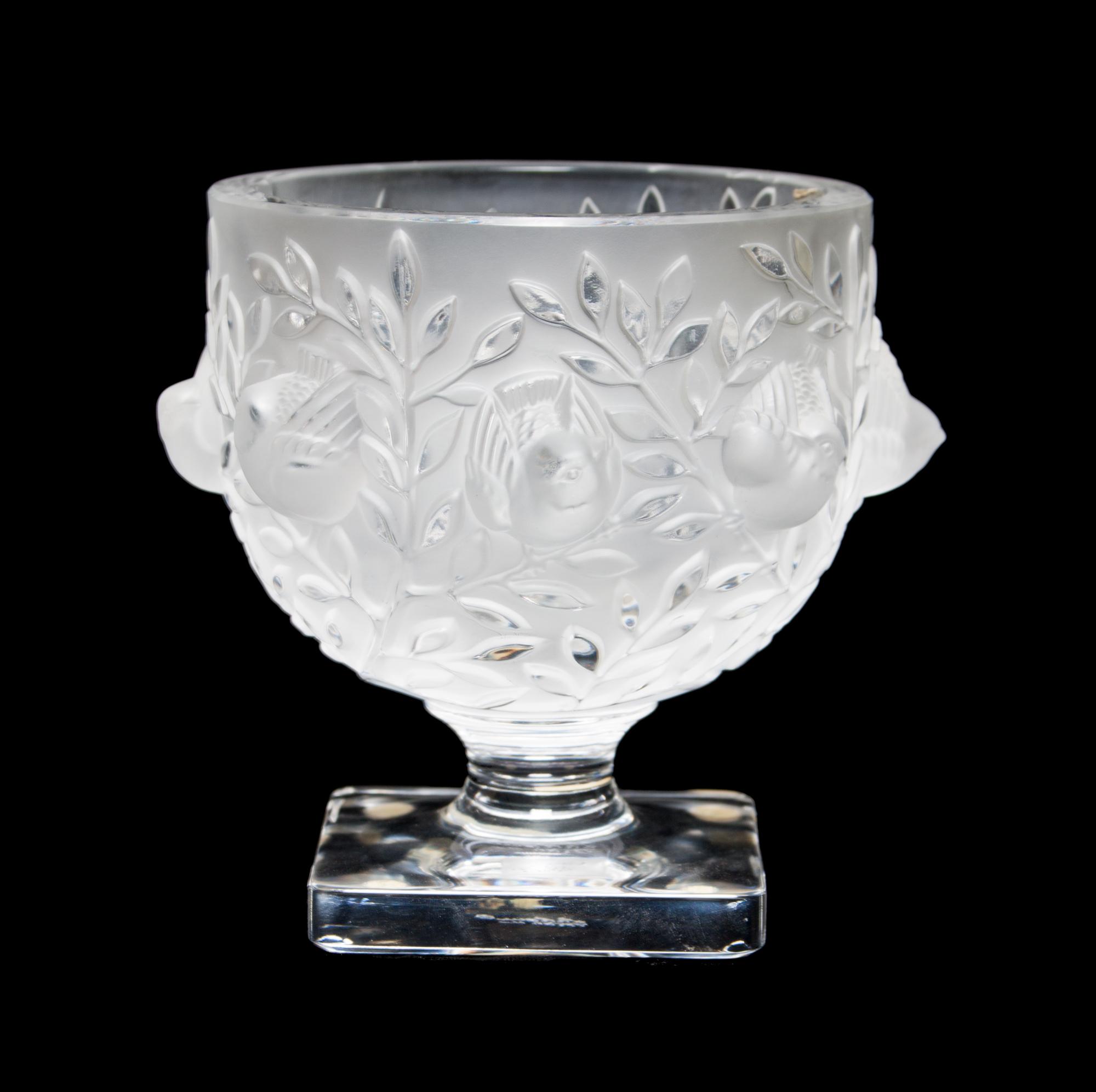 A Lalique Molded and Frosted Glass Vase Height 5 1/4 inches.