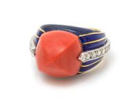 A Vintage 18 Karat Yellow Gold, Platinum, Coral, Diamond and Enamel Ring, Angela Cummings for Tiffany & Co., 10.60 dwts.