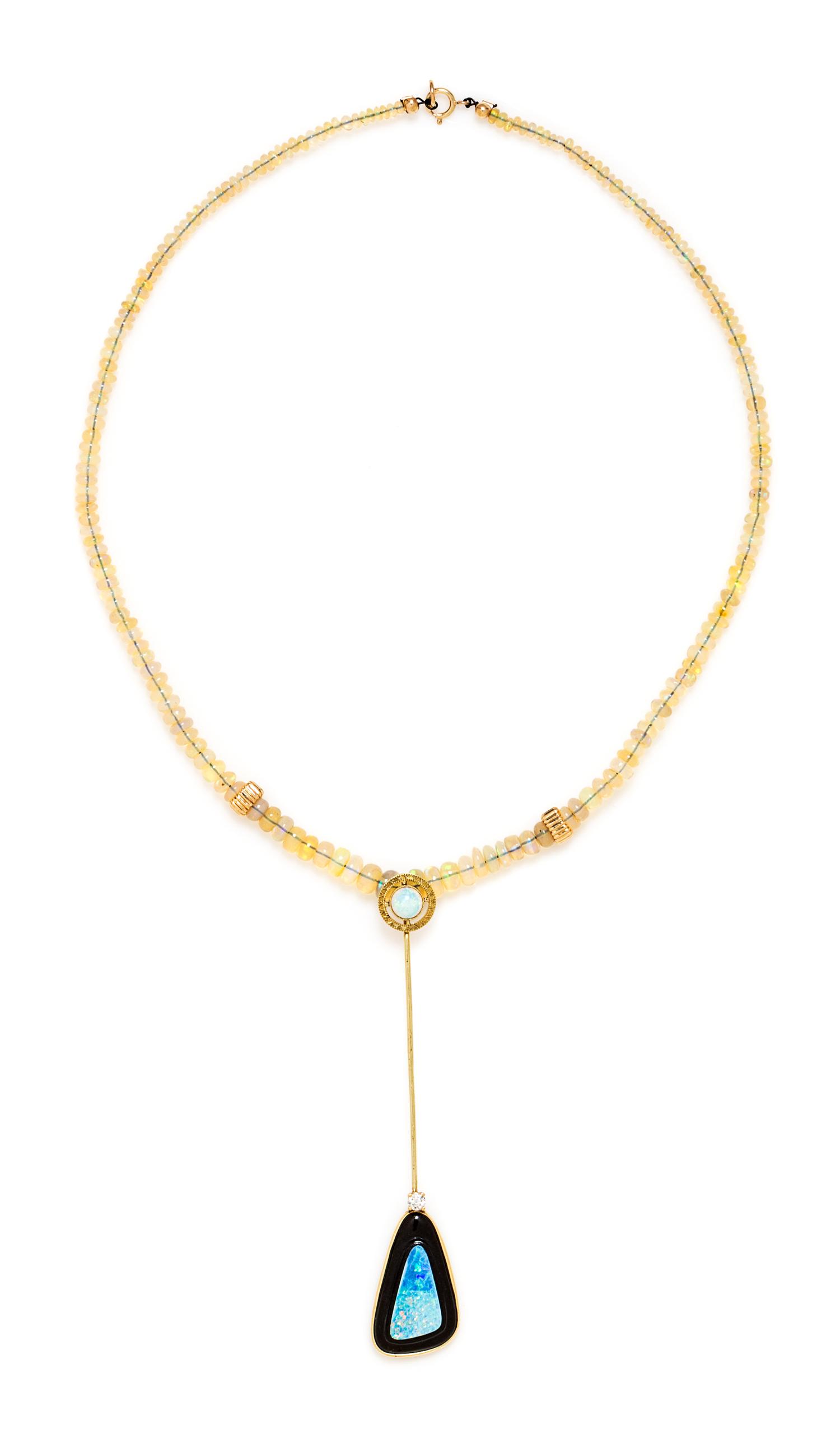 A 14 Karat Yellow Gold, Opal, Onyx and Diamond Lavalier Necklace, 7.90 dwts.
