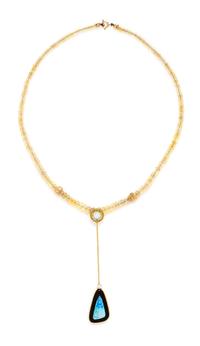 A 14 Karat Yellow Gold, Opal, Onyx and Diamond Lavalier Necklace, 7.90 dwts.