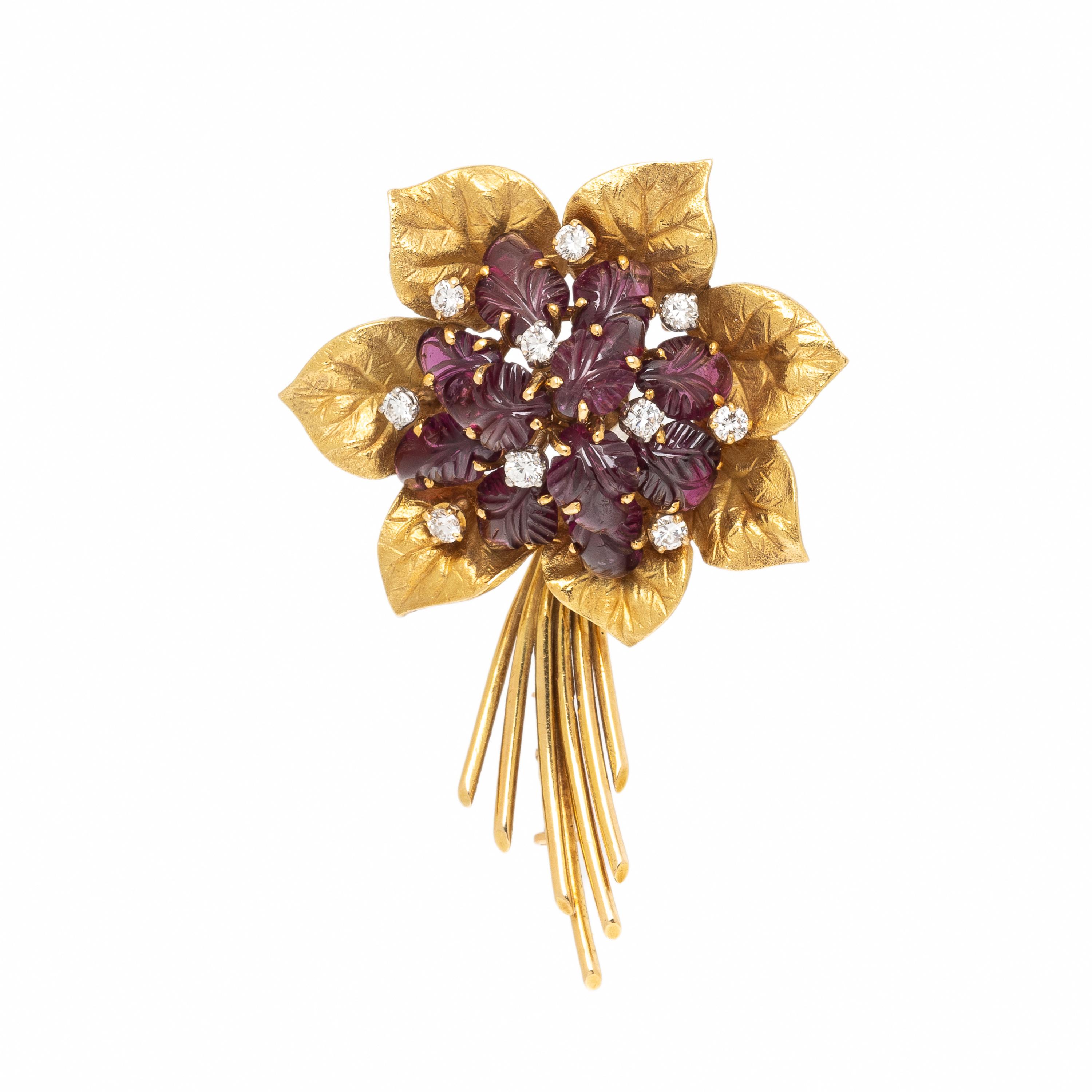 Bulgari, Carved Pink Tourmaline, Diamond, and Yellow Gold Flower Brooch