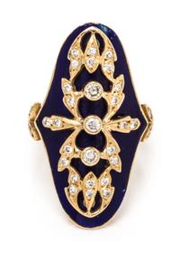 An 18 Karat Yellow Gold, Diamond and Enamel Ring, 8.60 dwts.