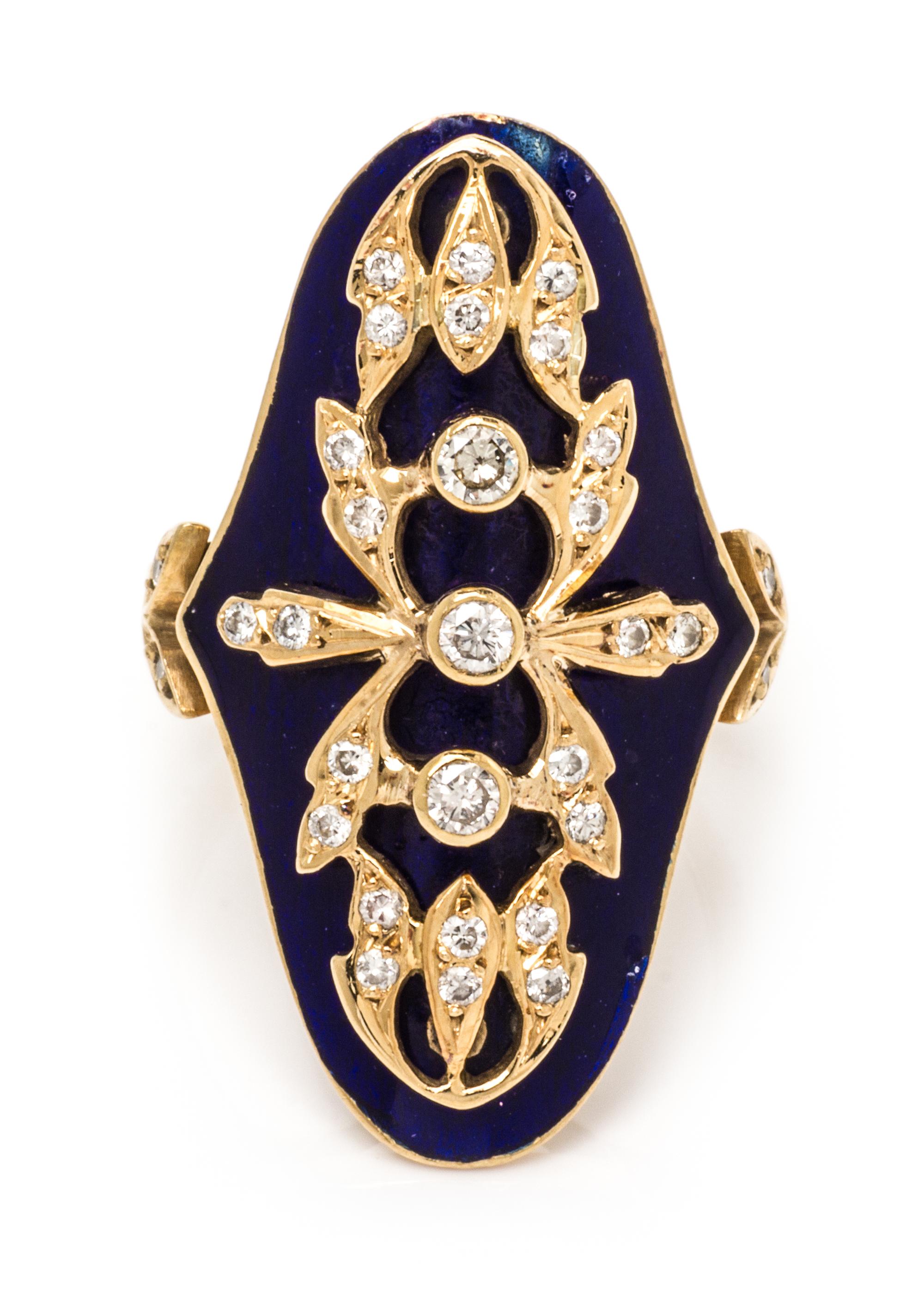 An 18 Karat Yellow Gold, Diamond and Enamel Ring, 8.60 dwts.