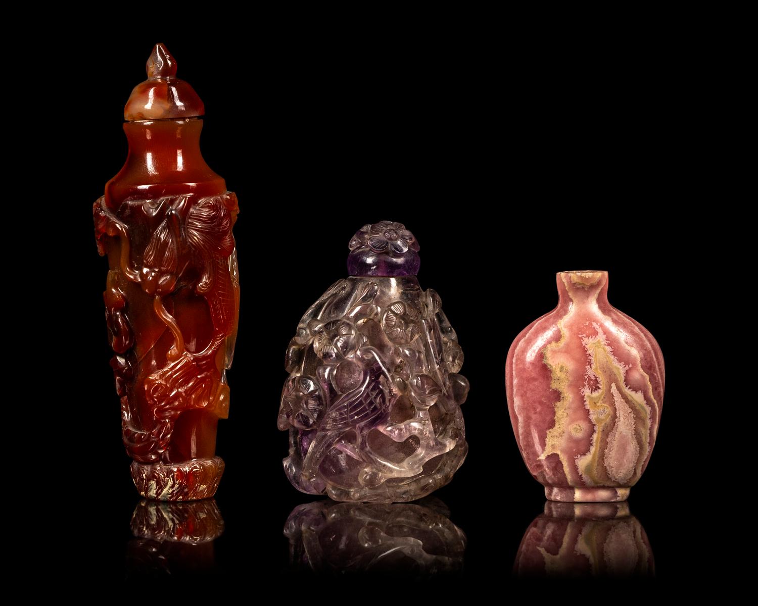Three Chinese Hardstone Snuff Bottles
