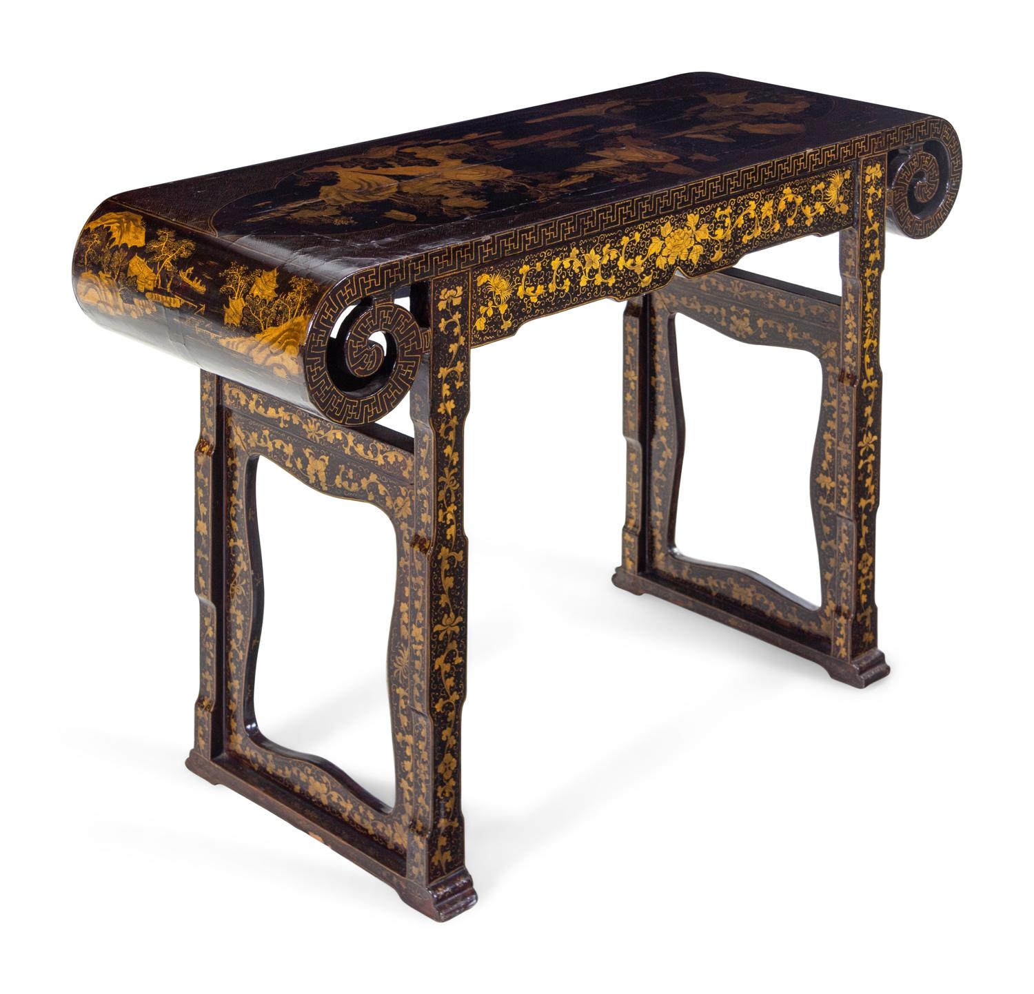 A Chinese Export Black and Gilt Lacquered Scroll Table