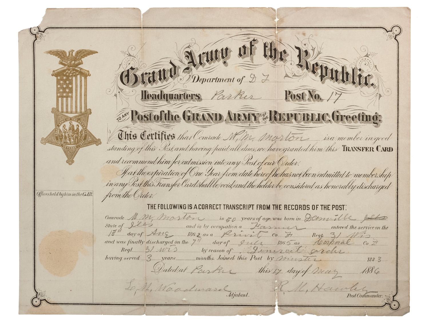 [CIVIL WAR] -- [GAR & UCV]. A group of 9 items, incl. photographs, certificates, and declaration of mourning.
