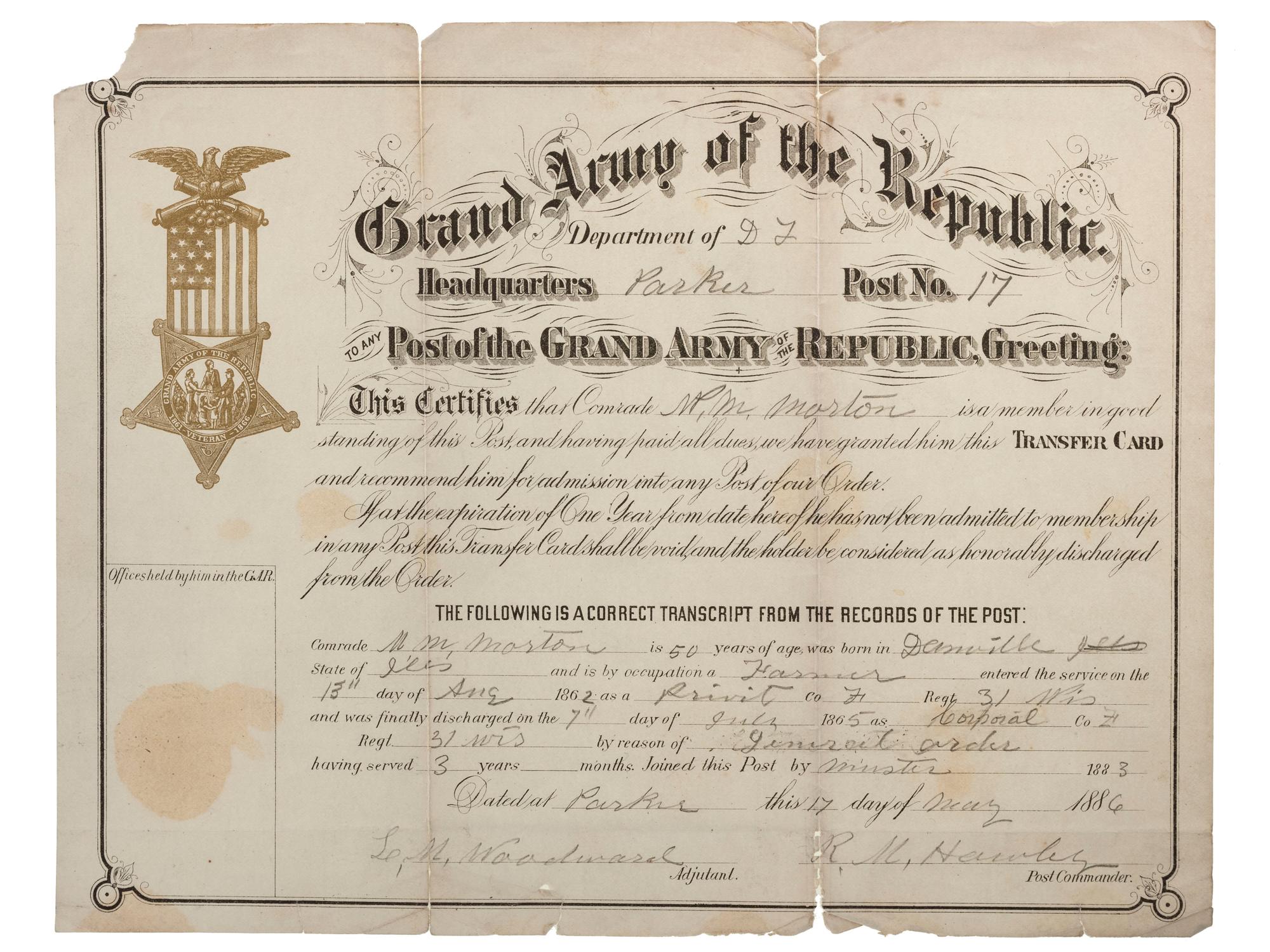 [CIVIL WAR] -- [GAR & UCV]. A group of 9 items, incl. photographs, certificates, and declaration of mourning.