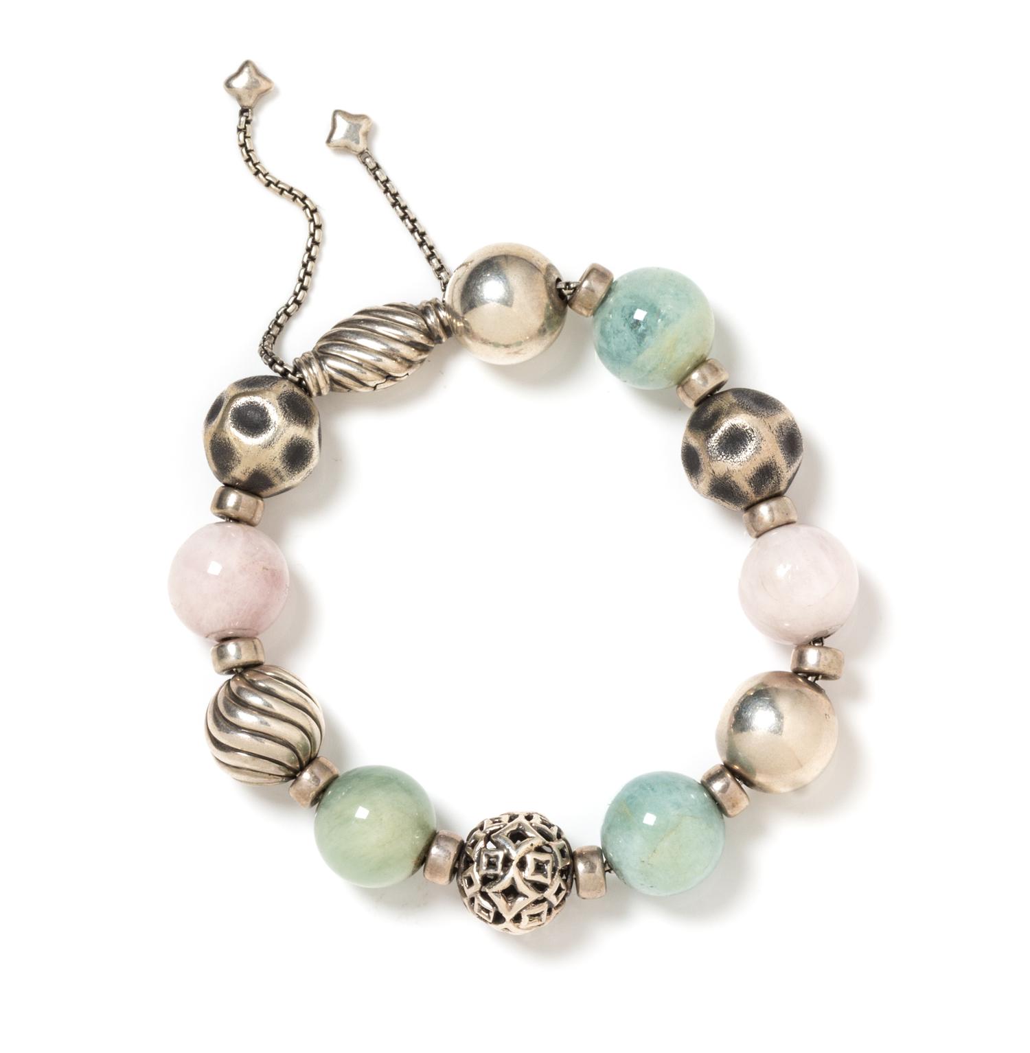 A Sterling Silver, Green Hardstone and Rose Quartz 'Elements' Bracelet, David Yurman, 28.95 dwts.