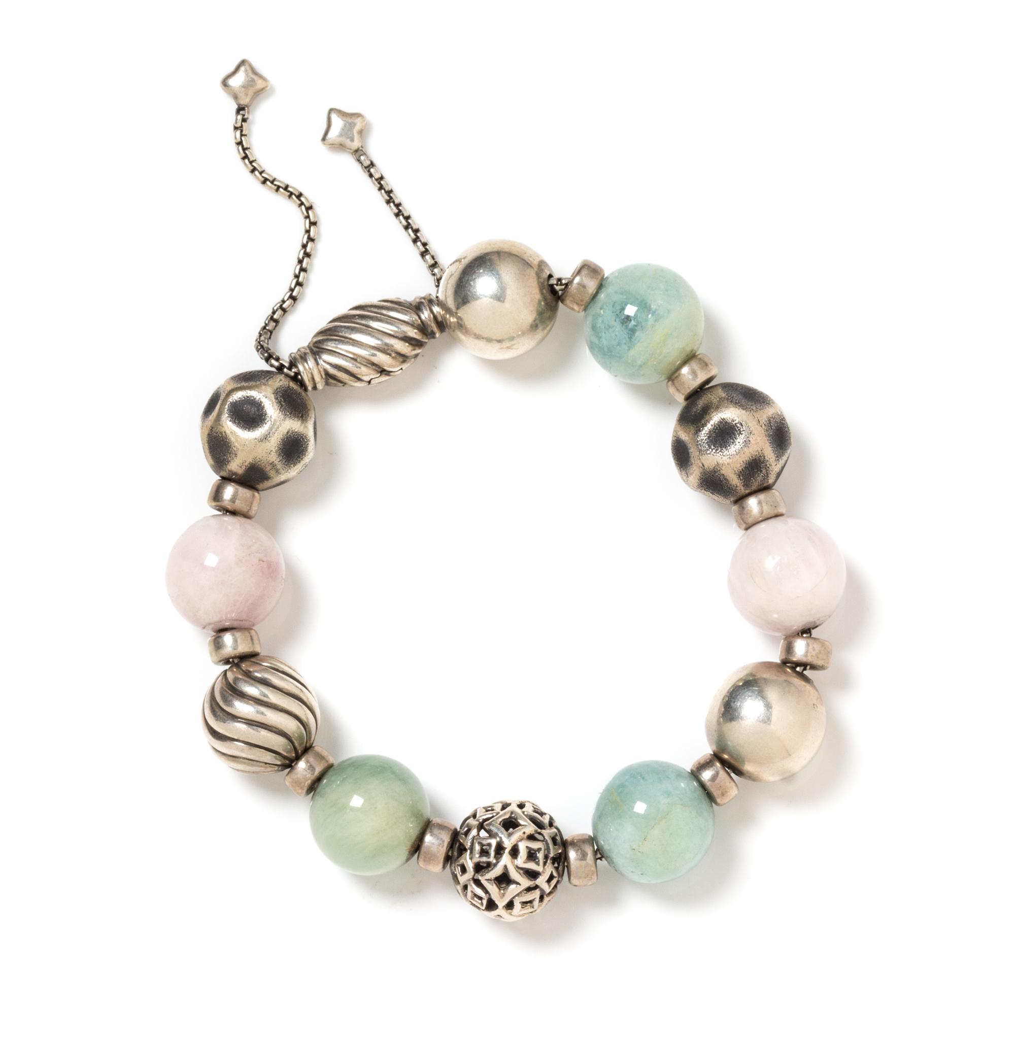 A Sterling Silver, Green Hardstone and Rose Quartz 'Elements' Bracelet, David Yurman, 28.95 dwts.