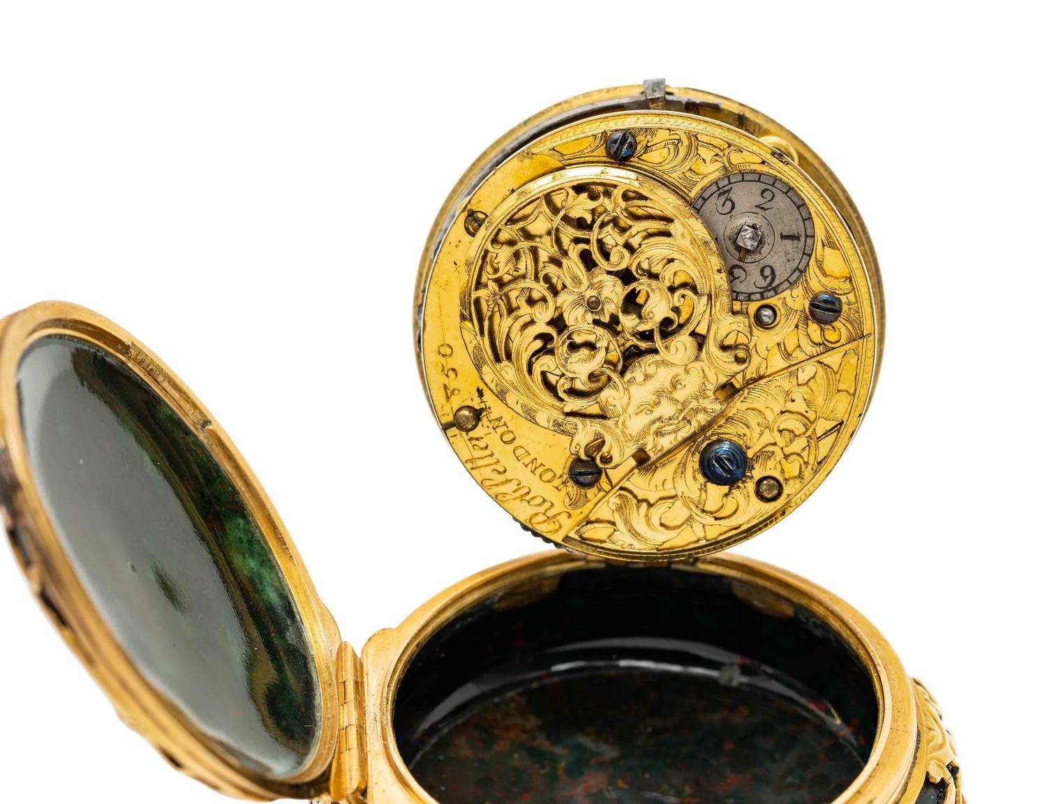 A George III Gold and Jewel Mounted Carved Bloodstone Clock-Inset Snuff Box