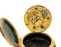 A George III Gold and Jewel Mounted Carved Bloodstone Clock-Inset Snuff Box