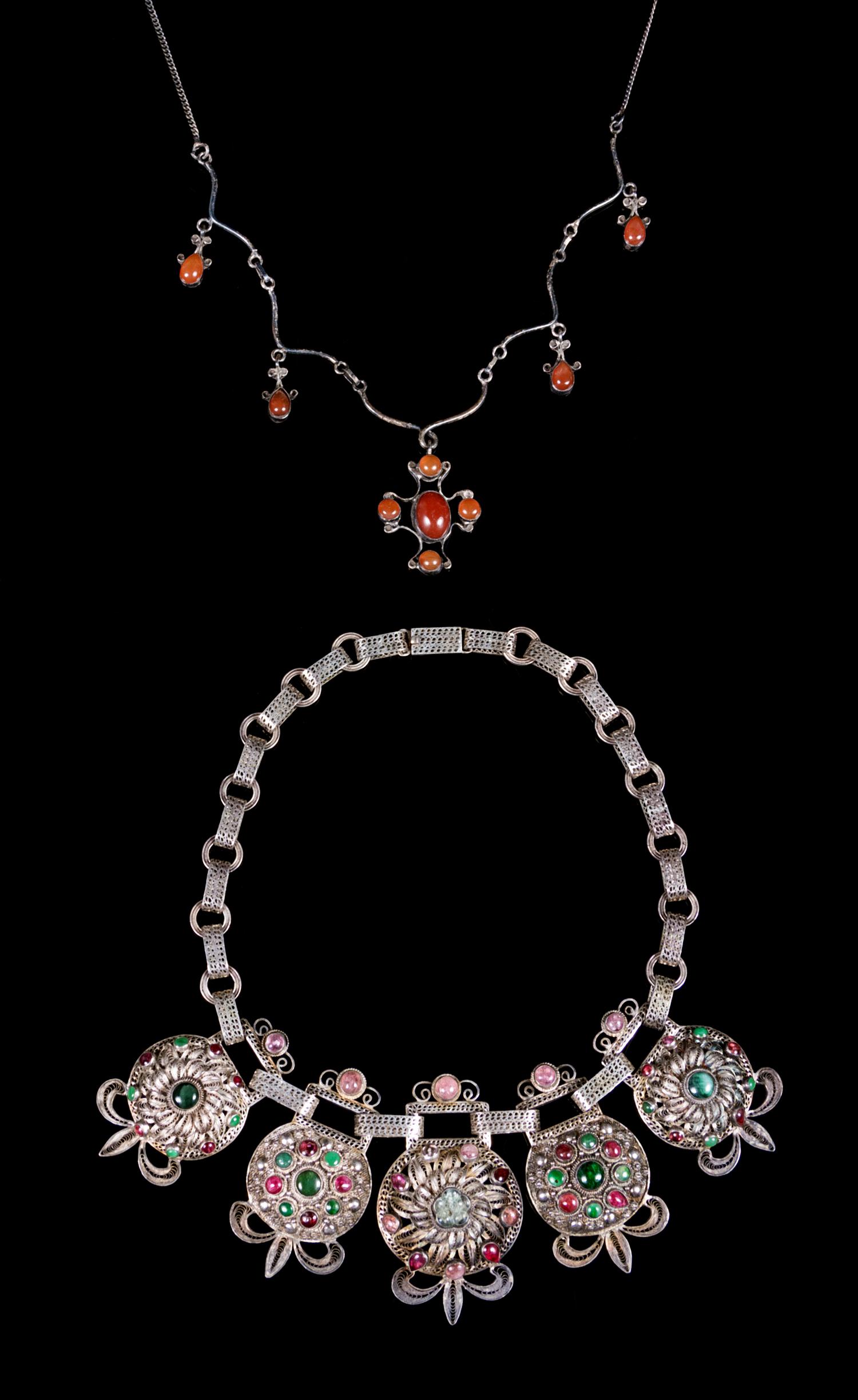 Two Chinese Hardstone Inset Silver Necklaces Lenght of longest 16 inches.