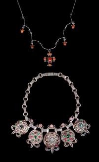 Two Chinese Hardstone Inset Silver Necklaces Lenght of longest 16 inches.