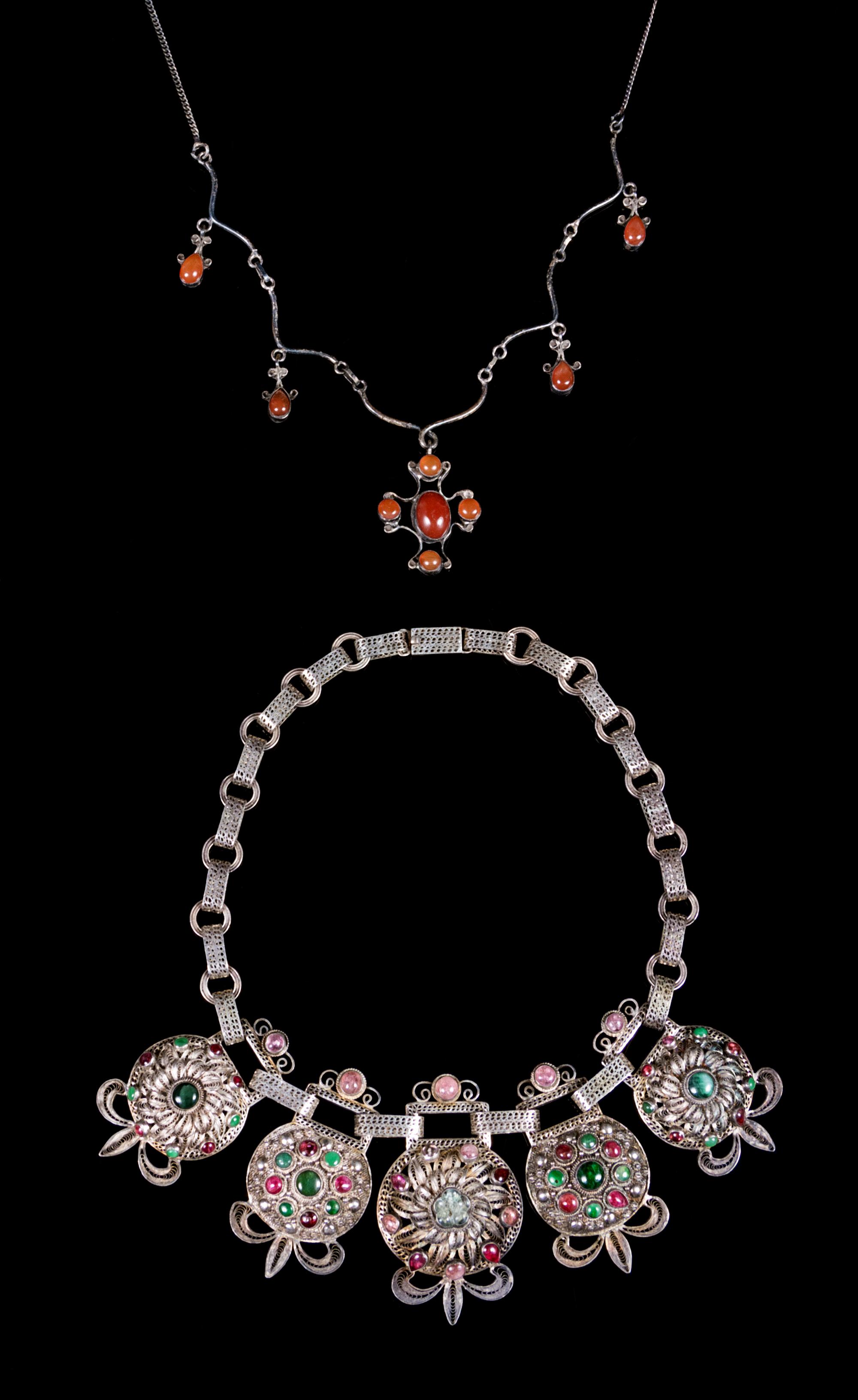 Two Chinese Hardstone Inset Silver Necklaces Lenght of longest 16 inches.