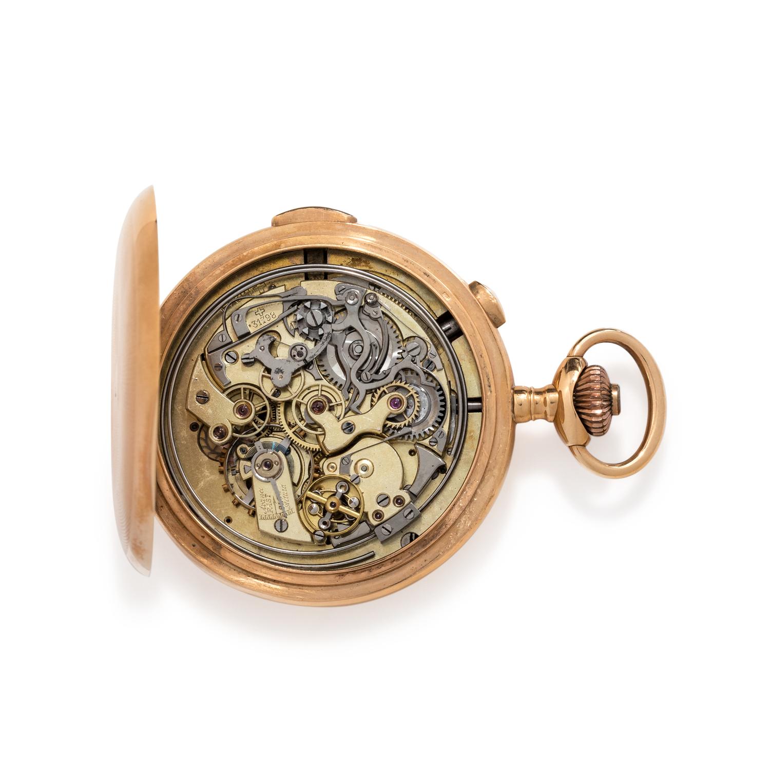 18K YELLOW GOLD CHRONOGRAPH QUARTER REPEATER HUNTER CASE POCKET WATCH