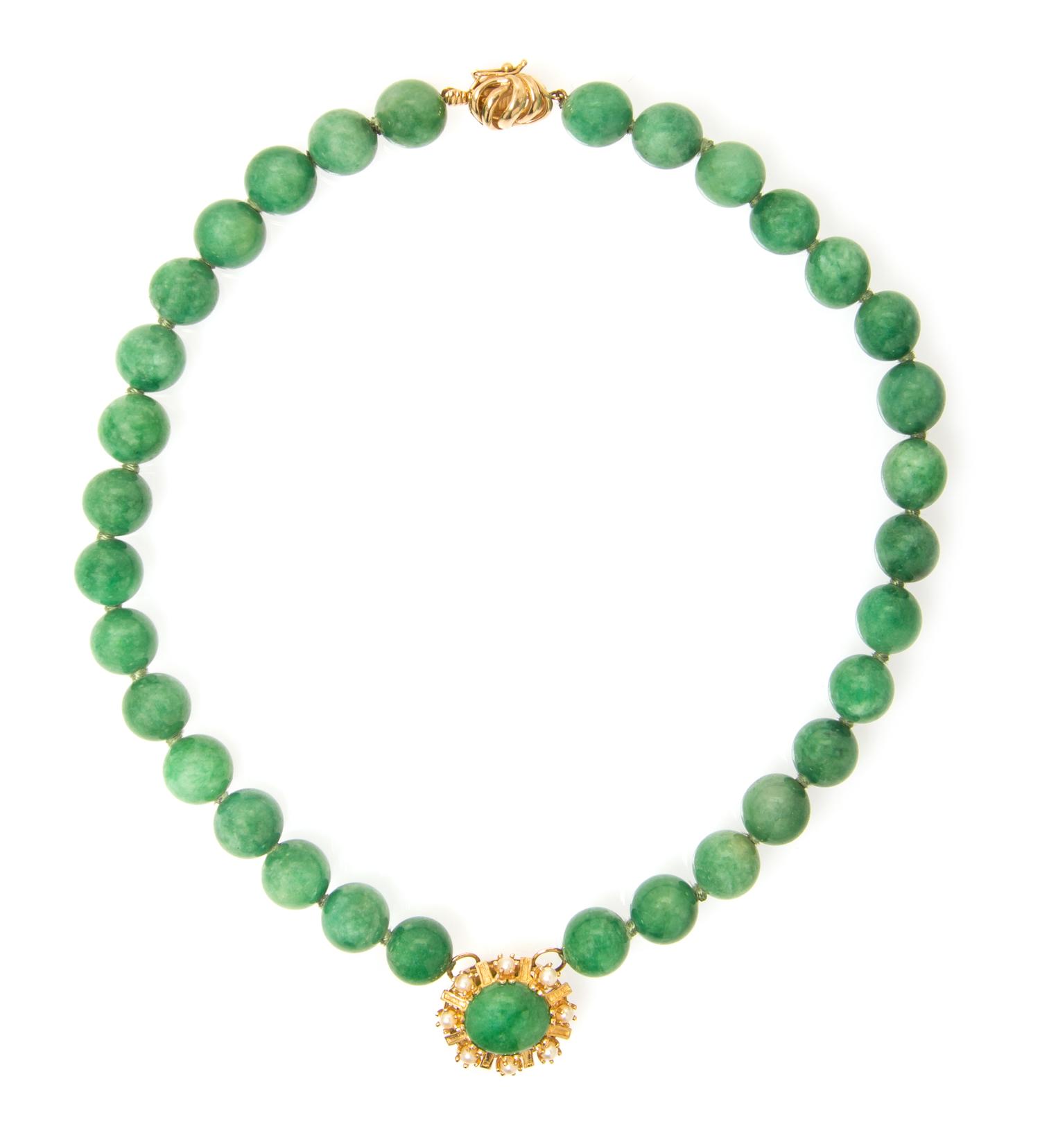 A 14 Karat Yellow Gold, Jade Bead and Cultured Pearl Necklace, 54.30 dwts.