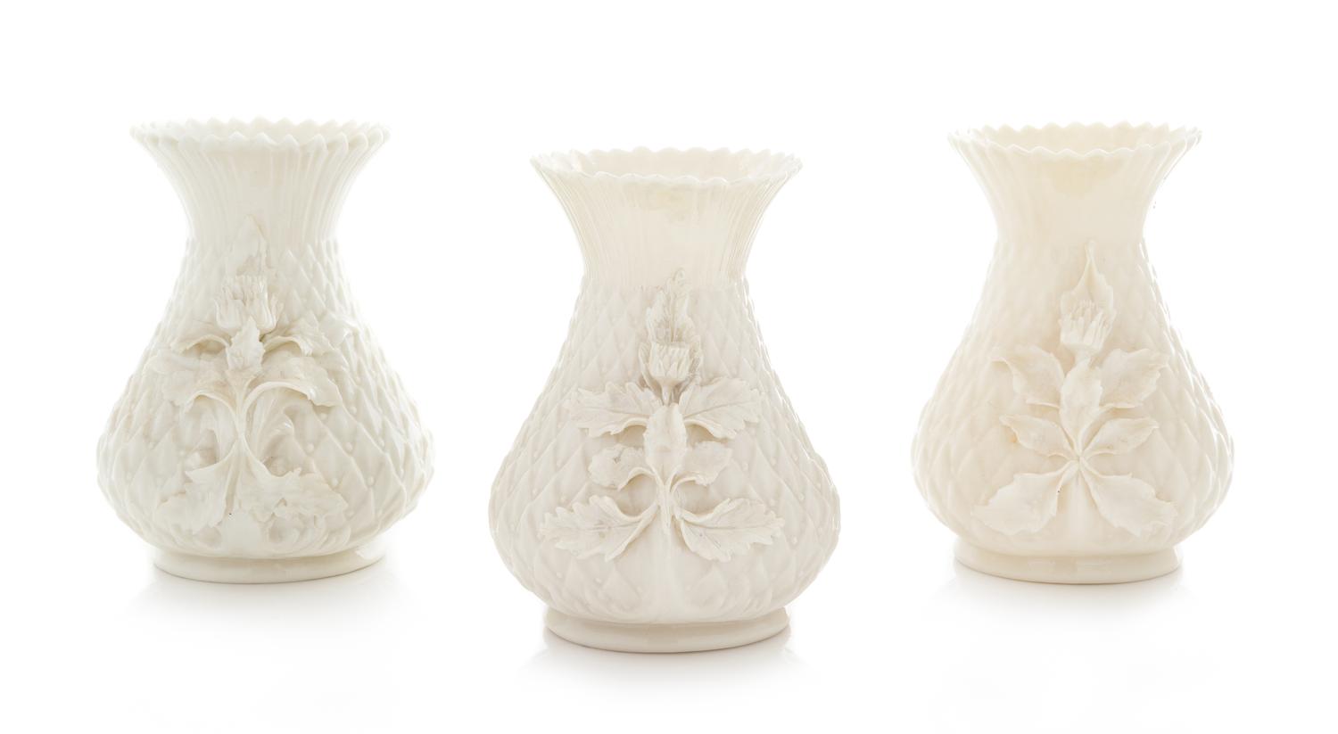 Three Belleek Thistle Vases Height 5 1/4 inches. — THIRD BLACK AND FOURTH GREEN MARKS (1926-1955)