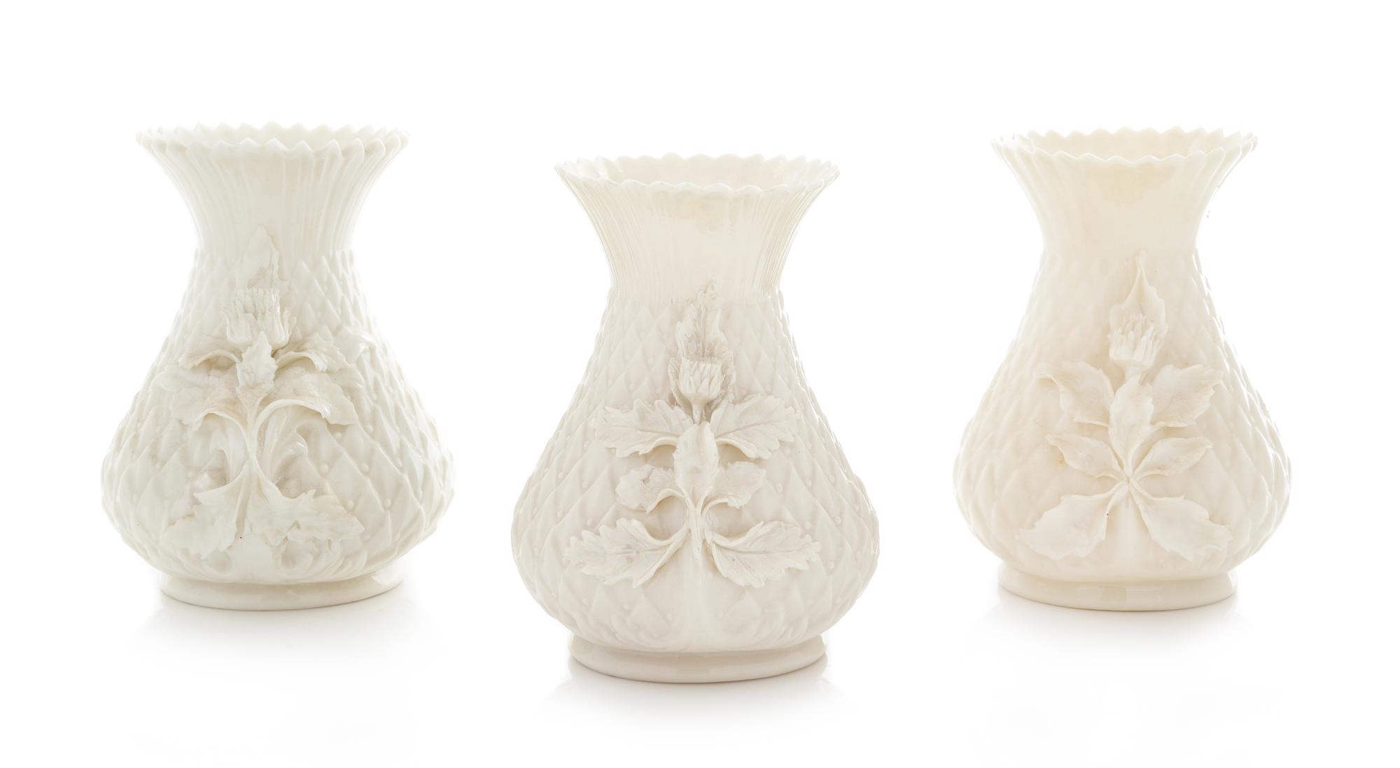 Three Belleek Thistle Vases Height 5 1/4 inches. — THIRD BLACK AND FOURTH GREEN MARKS (1926-1955)