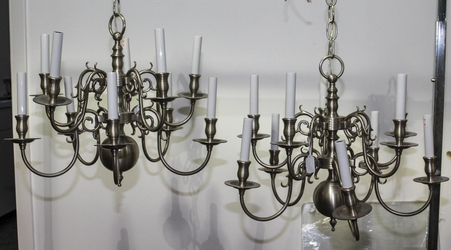 A Pair of Dutch Baroque Style Pewter Ten-Light Chandeliers Height 18 inches. — 20TH CENTURY