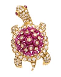 An 18 Karat Yellow Gold, Ruby and Diamond Turtle Brooch, Giovane, 12.20 dwts.