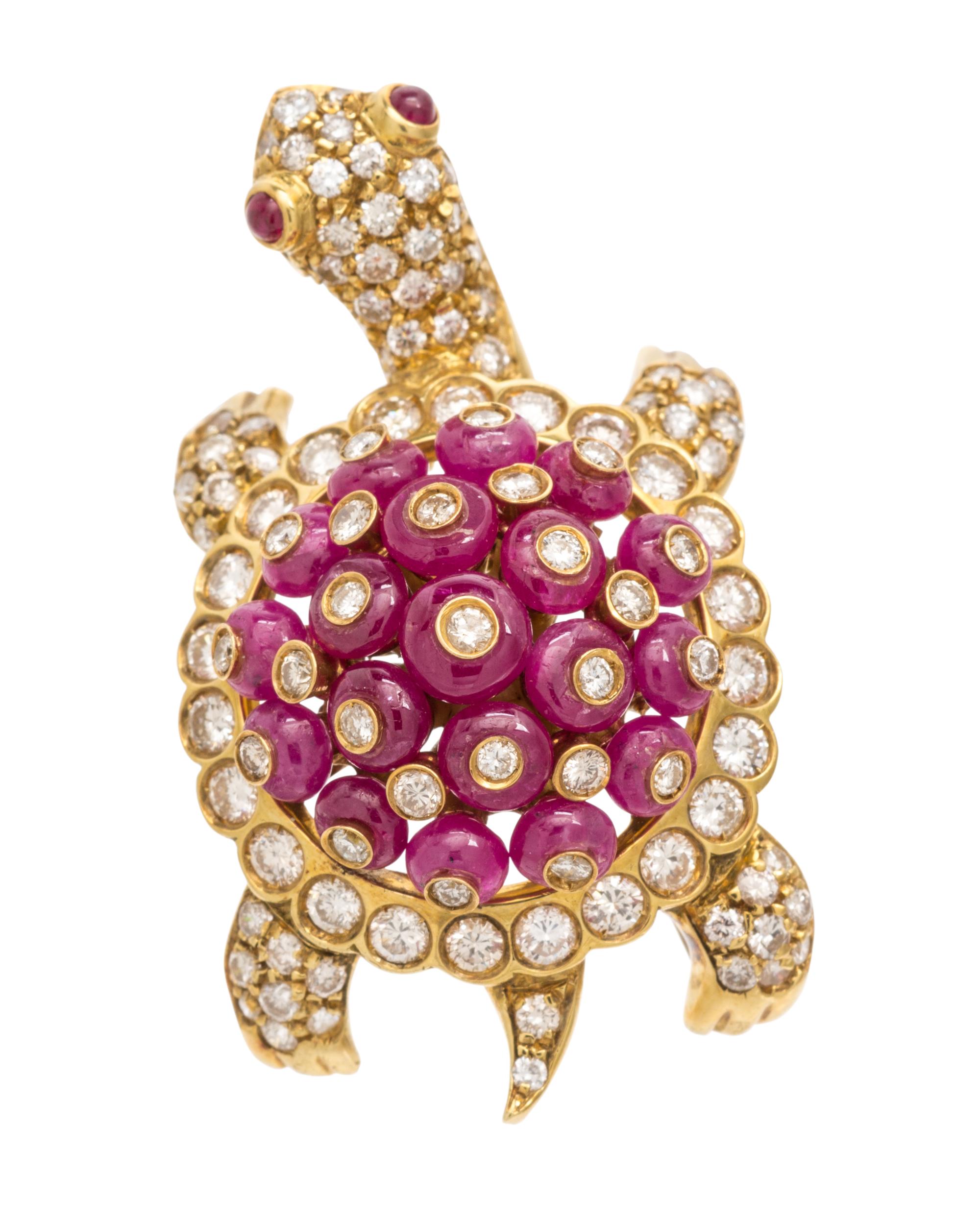 An 18 Karat Yellow Gold, Ruby and Diamond Turtle Brooch, Giovane, 12.20 dwts.